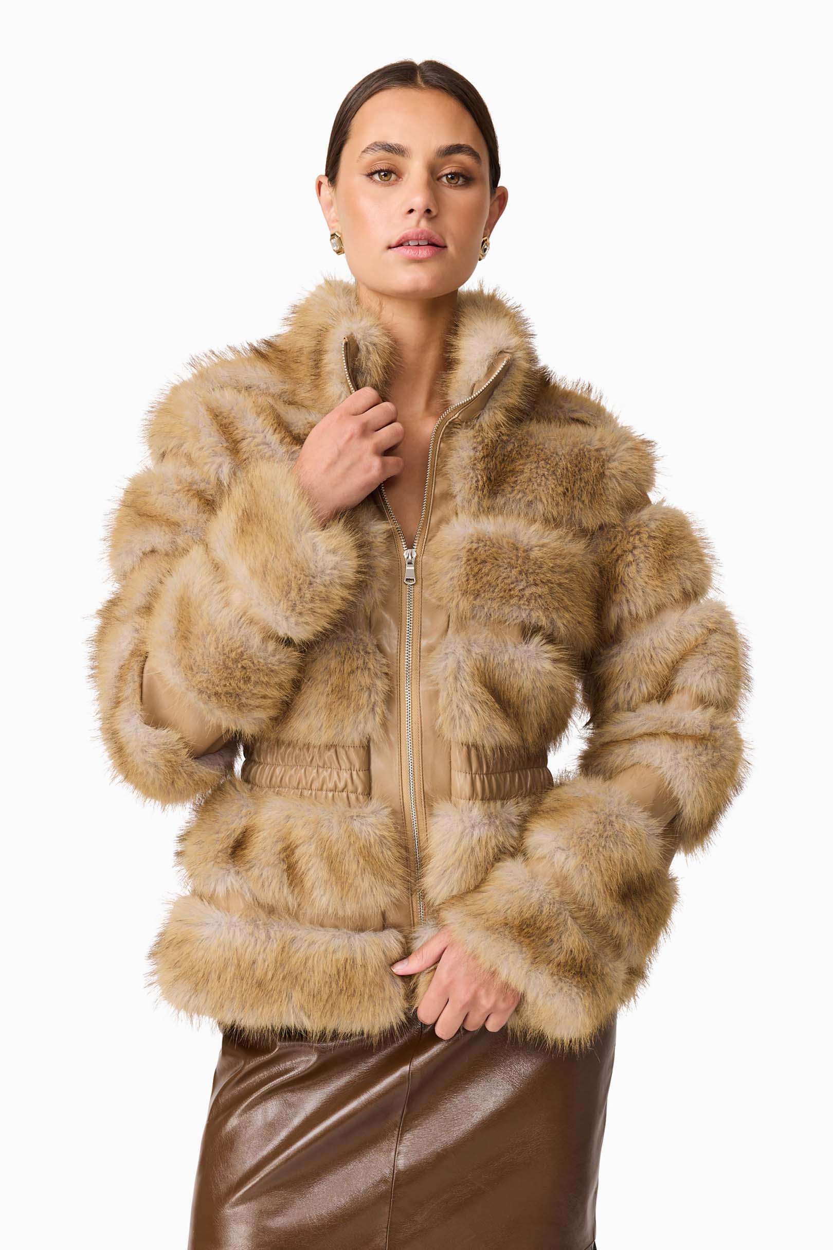 Aisling Faux Fur & Leather Jacket in Beige - Image 3