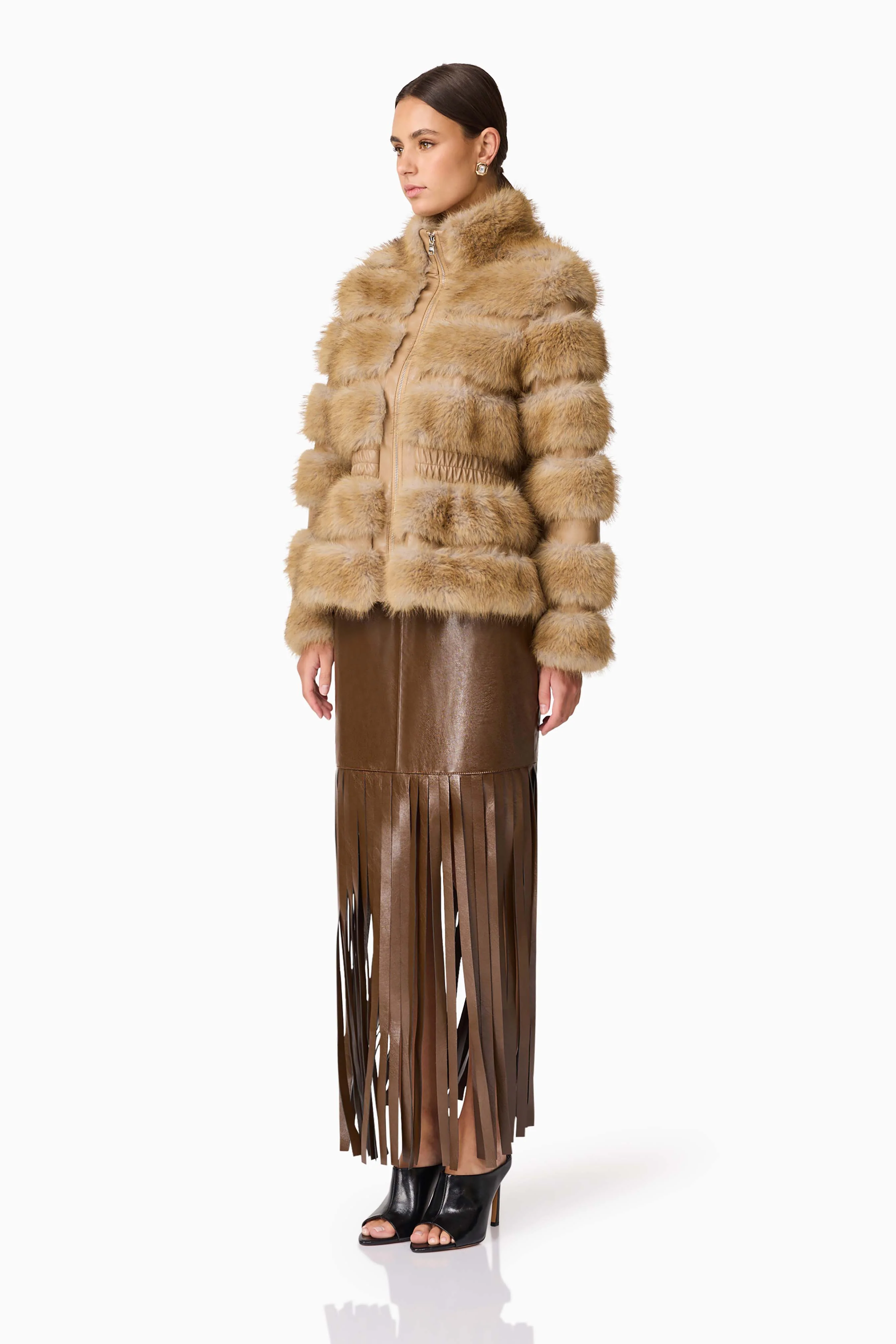 Aisling Faux Fur & Leather Jacket in Beige - Image 4