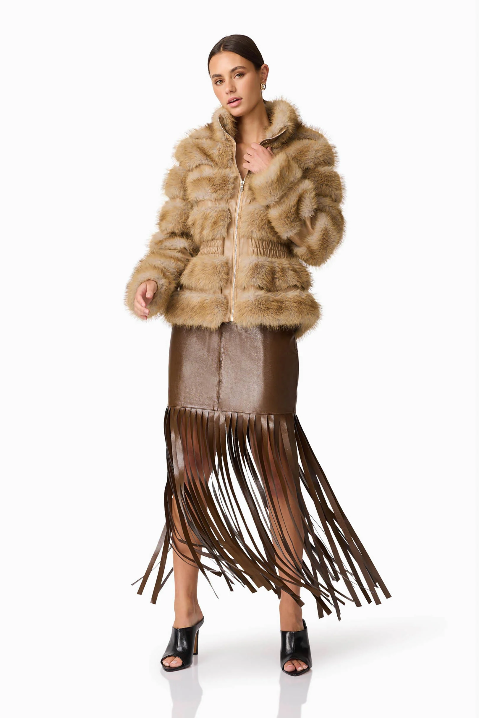 Aisling Faux Fur & Leather Jacket in Beige - Image 5