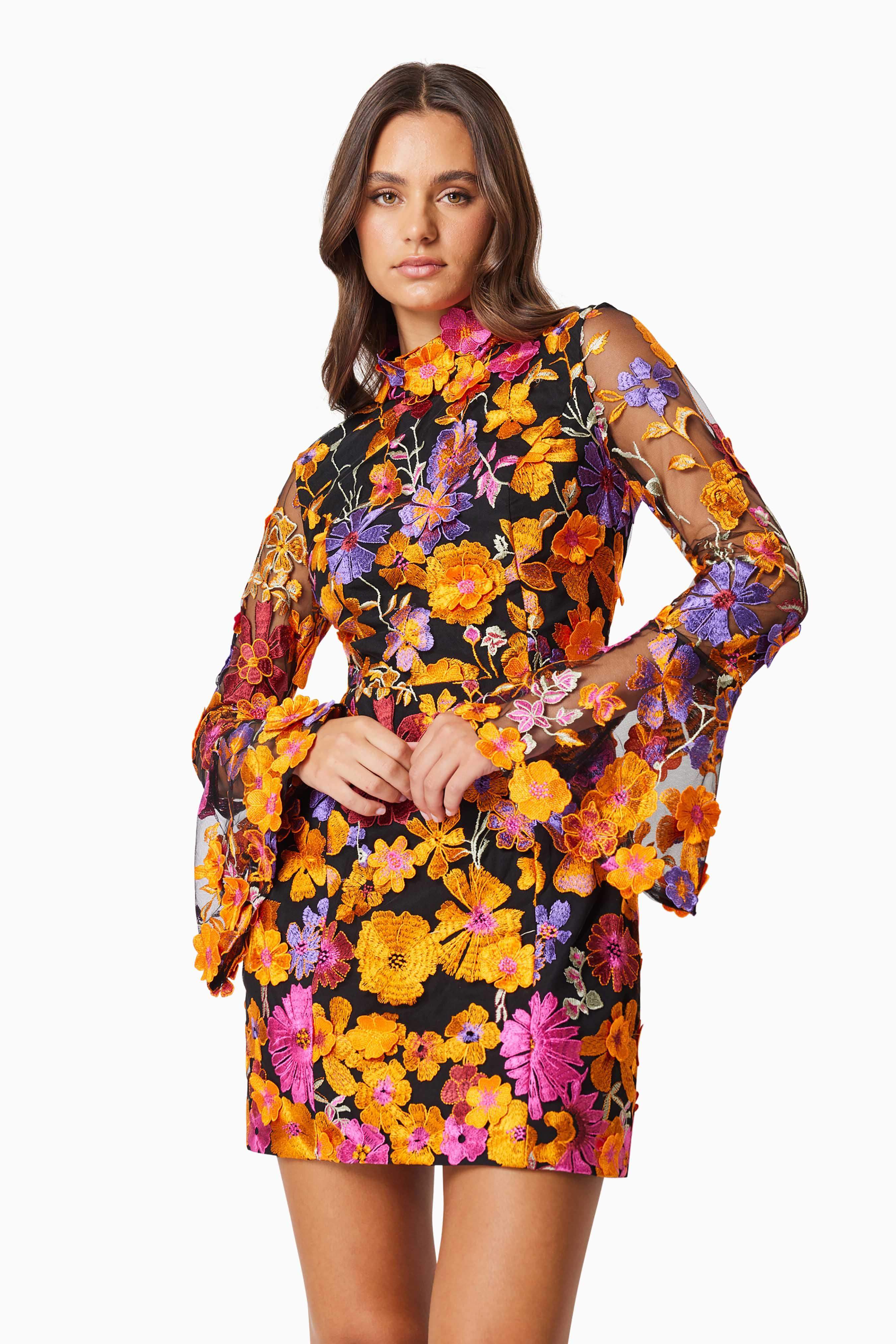 Alessandra Floral Long Sleeve Mini Dress In Orange - Image 2
