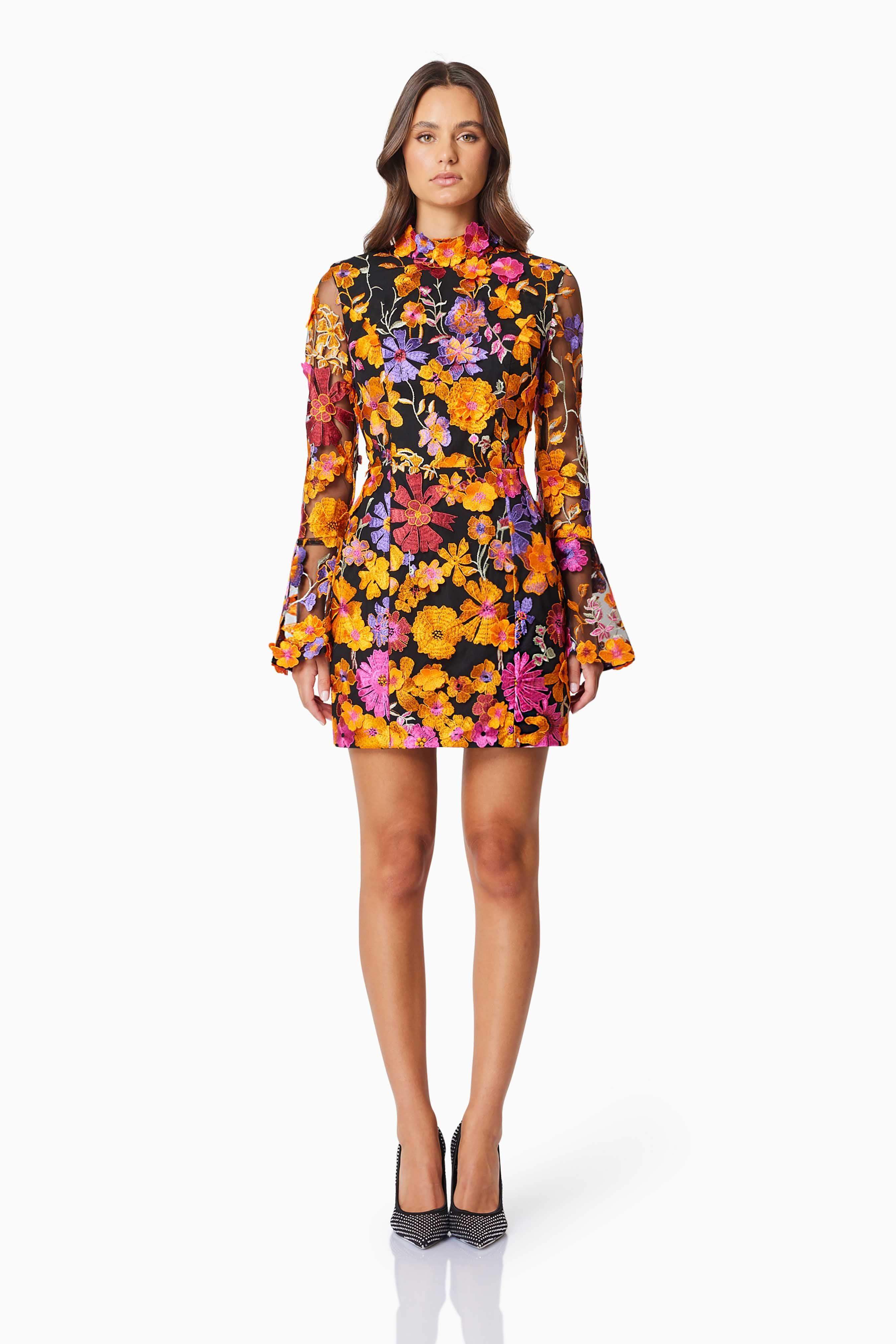 Alessandra Floral Long Sleeve Mini Dress In Orange - Image 3
