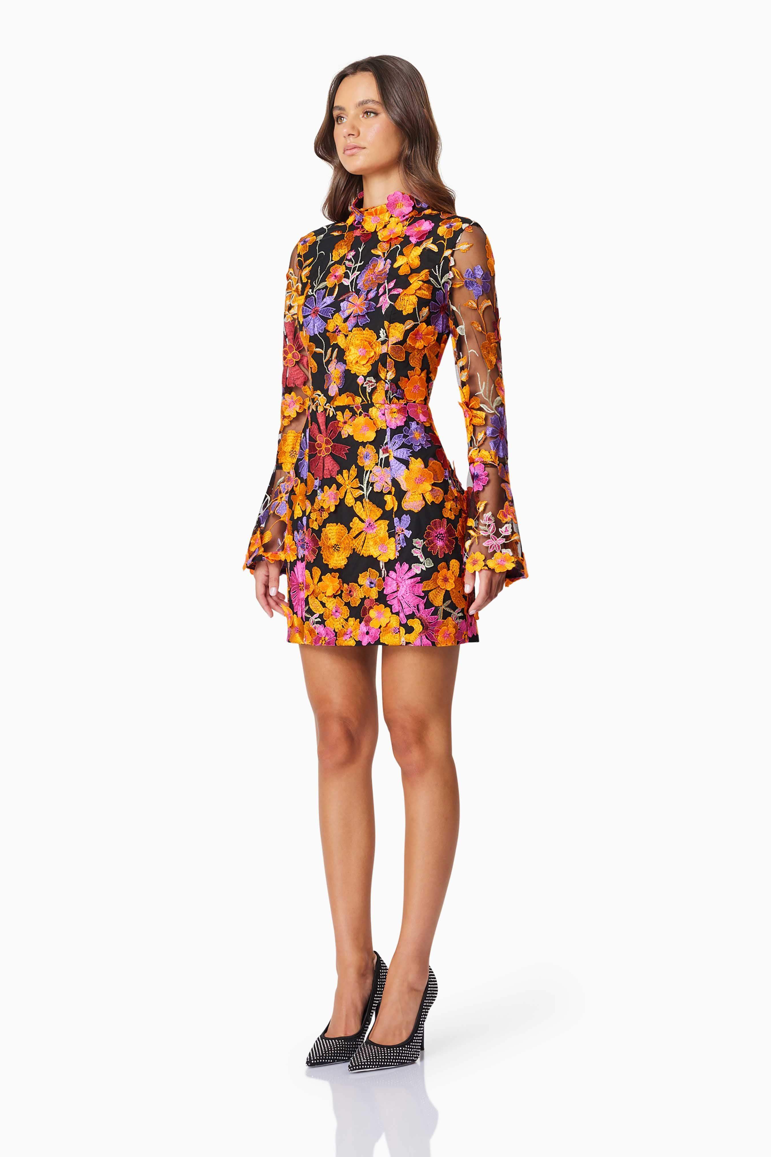 Alessandra Floral Long Sleeve Mini Dress In Orange - Image 4