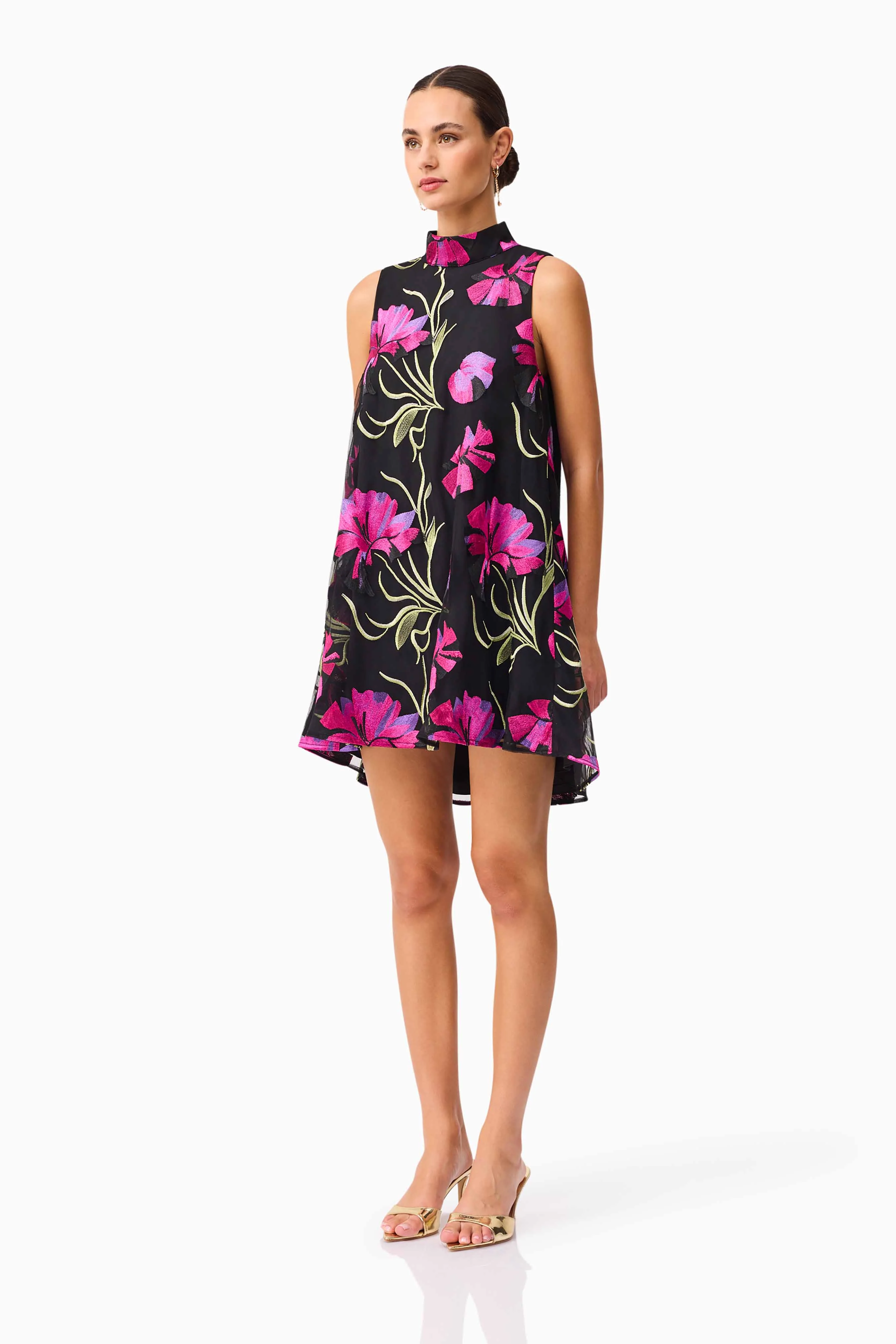 Amaya High Neck Mini Dress in Black & Pink Floral - Image 3