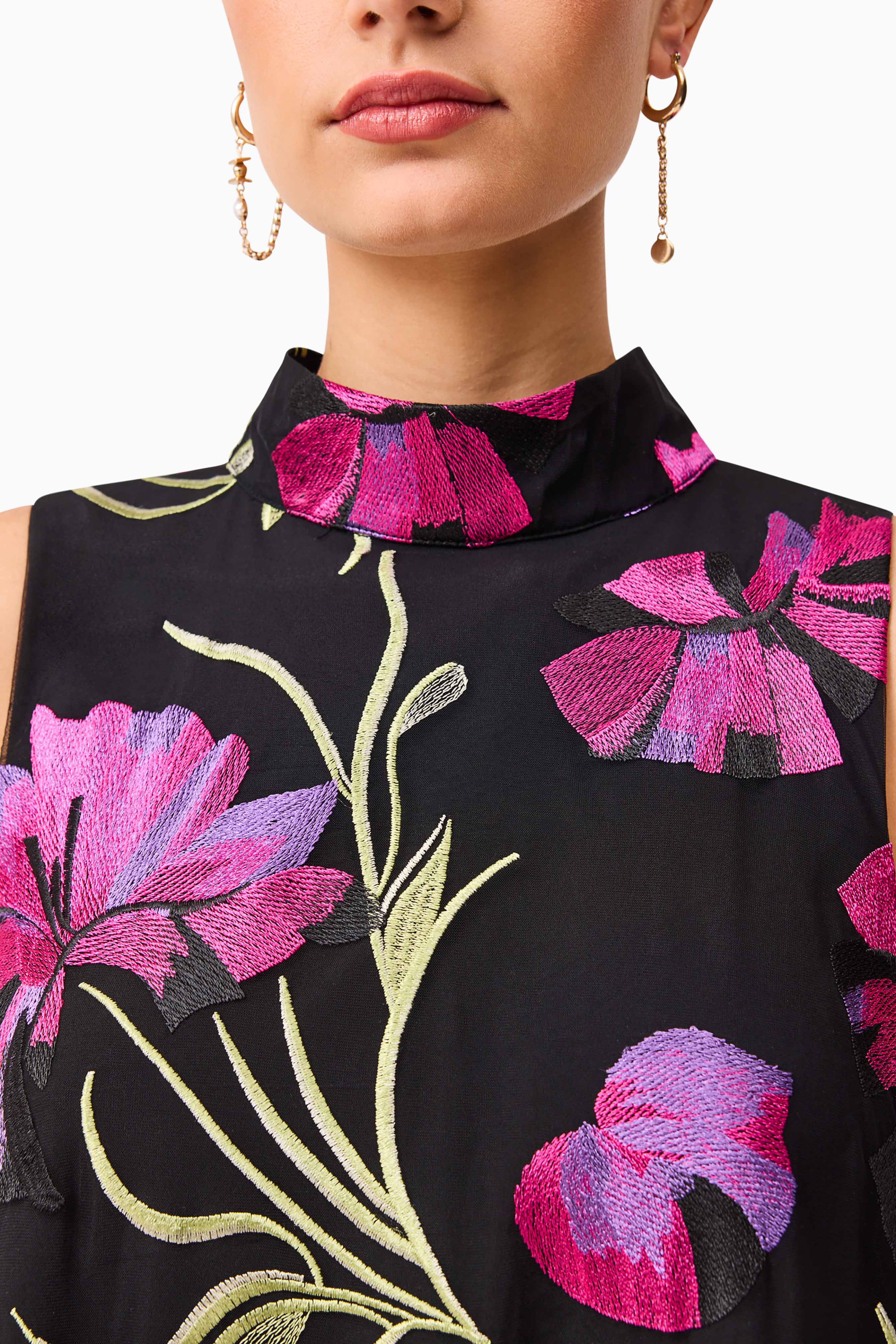Amaya High Neck Mini Dress in Black & Pink Floral - Image 6