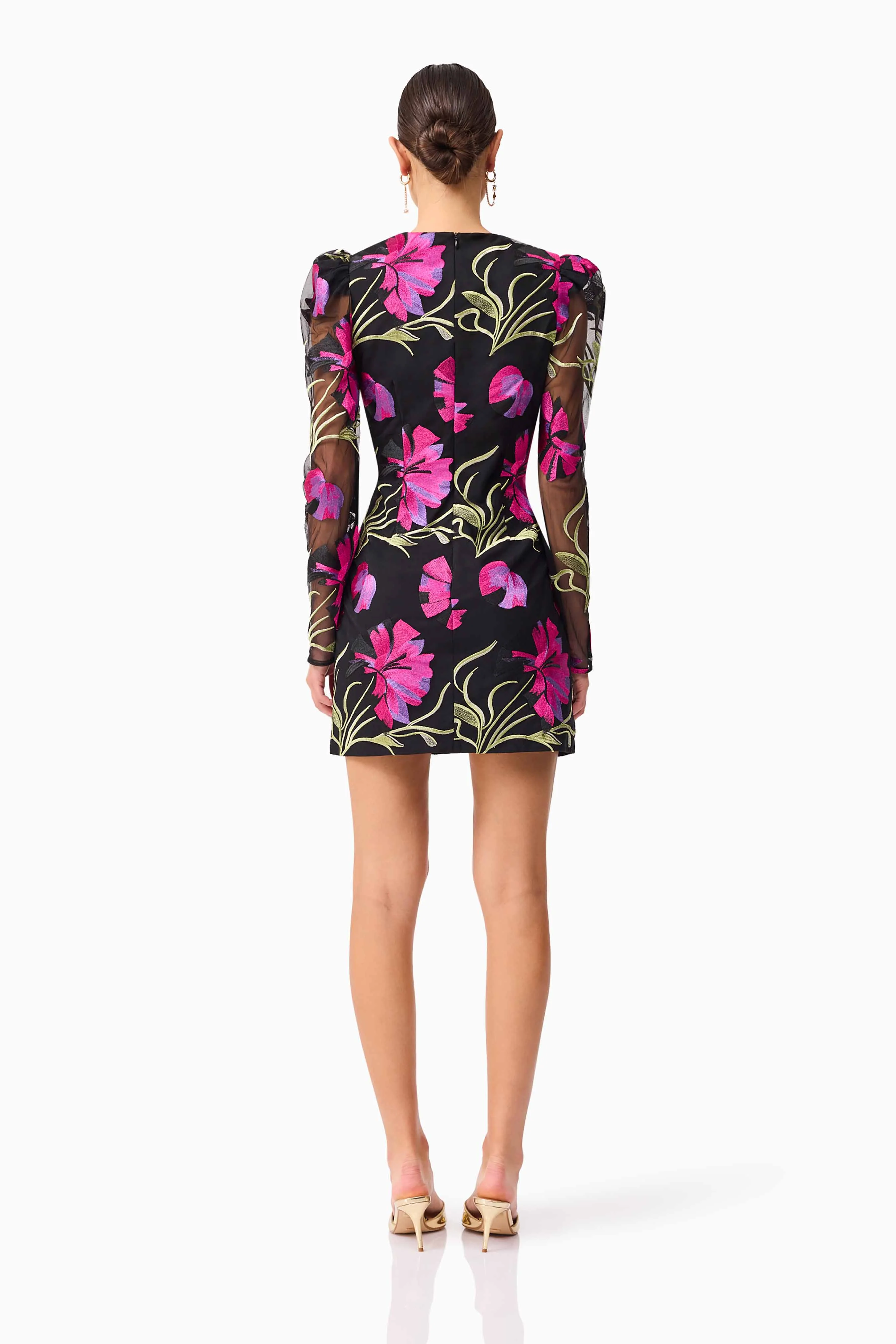 Amaya Long Sleeve Mini Dress in Black & Pink Floral - Image 5