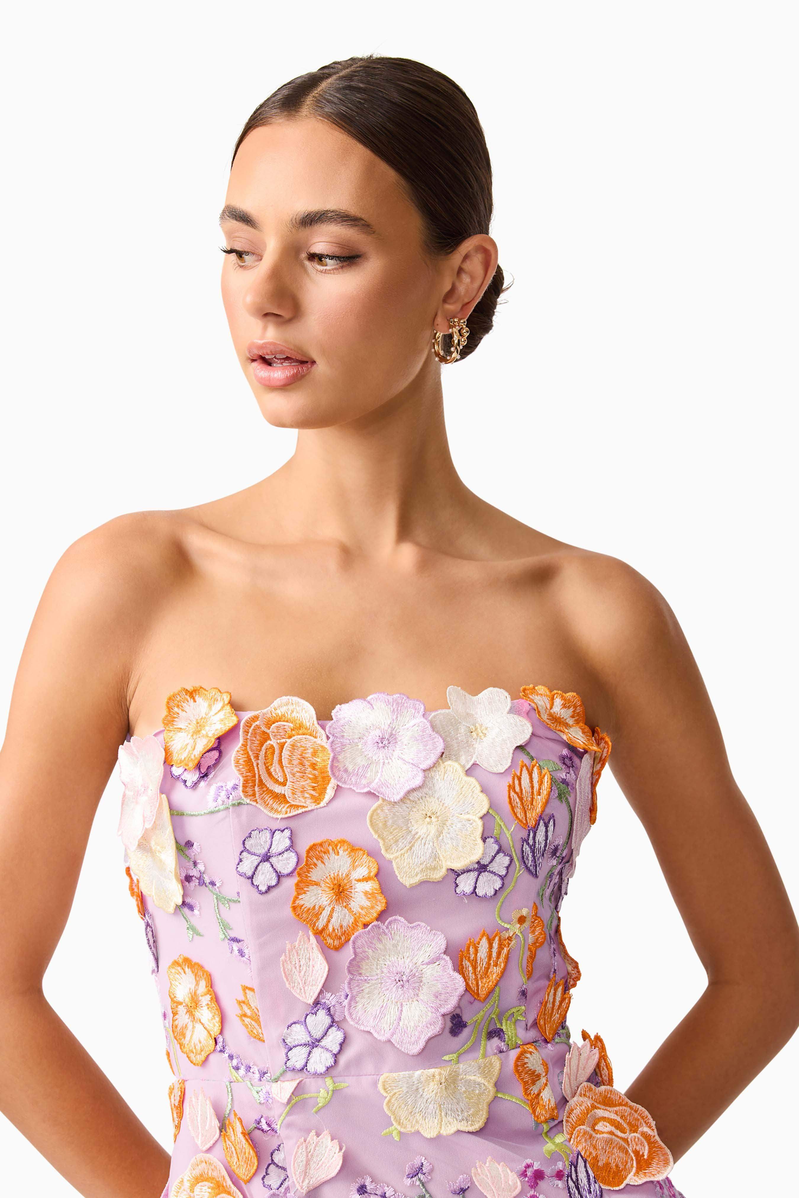 Arabella Strapless Floral Mini Dress in Orange & Purple - Image 6