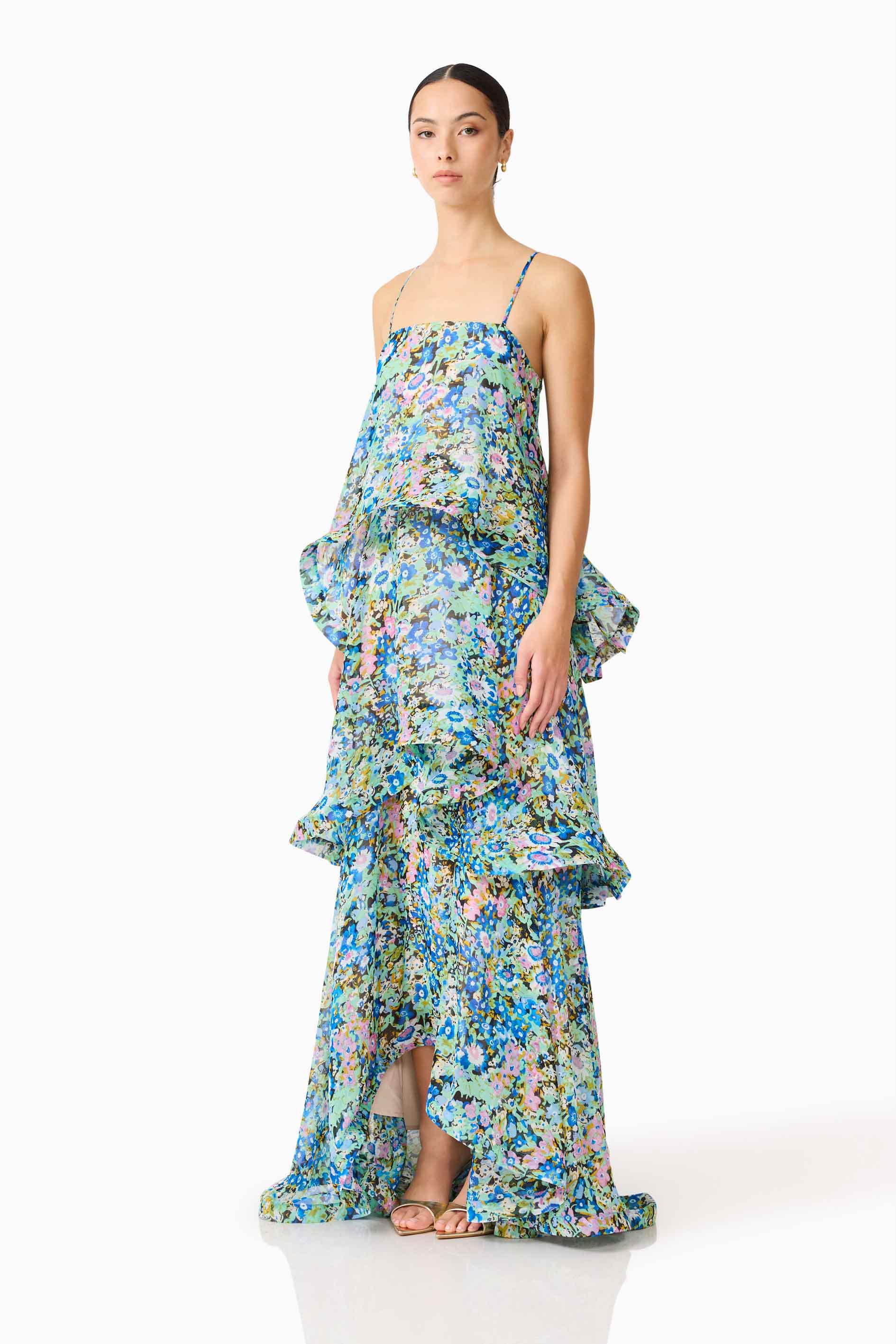 Armani Tiered Maxi Dress In Blue Floral - Image 3