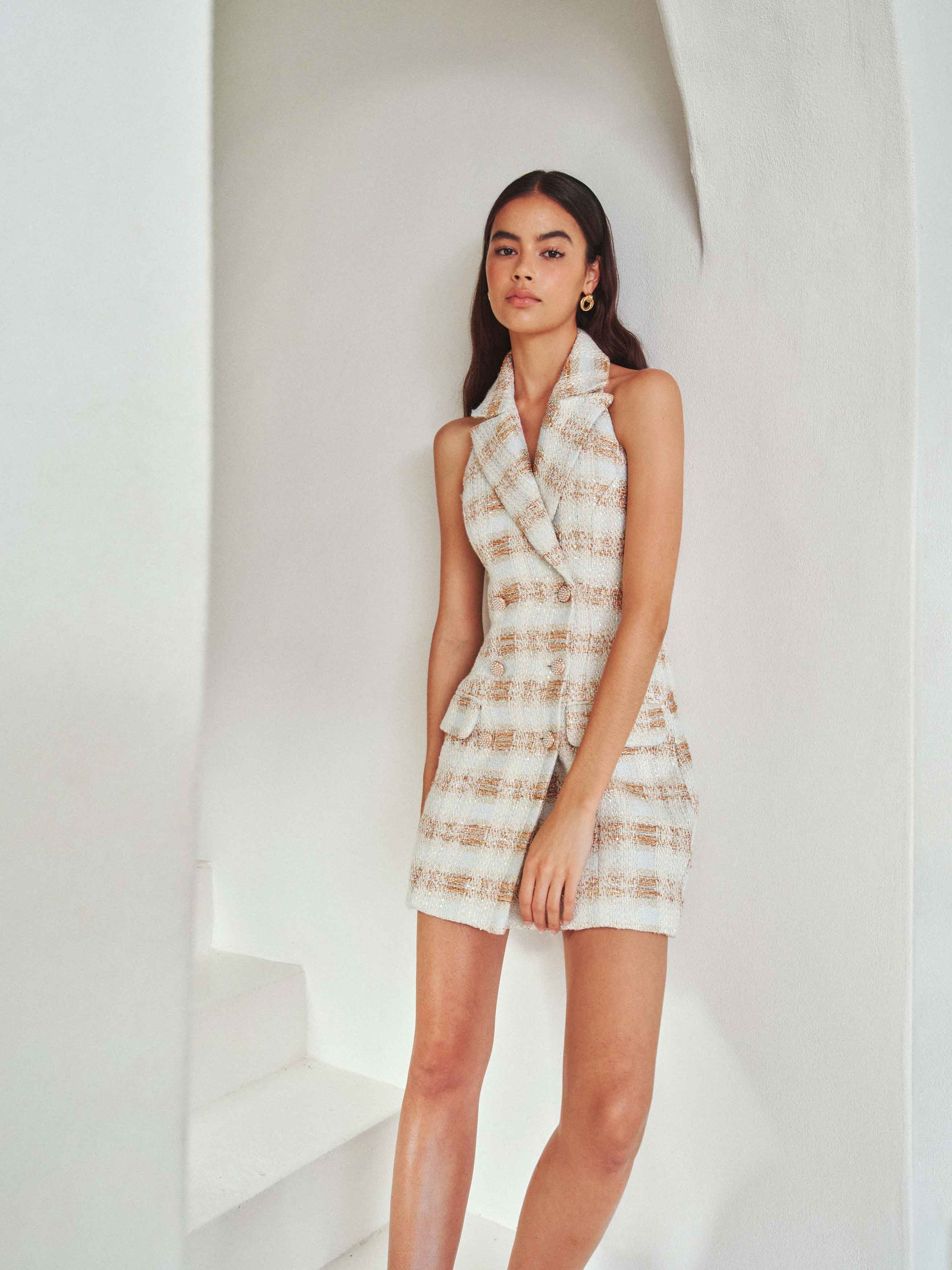 Ashlyn Halter Tweed Mini Dress in White & Gold - Image 2