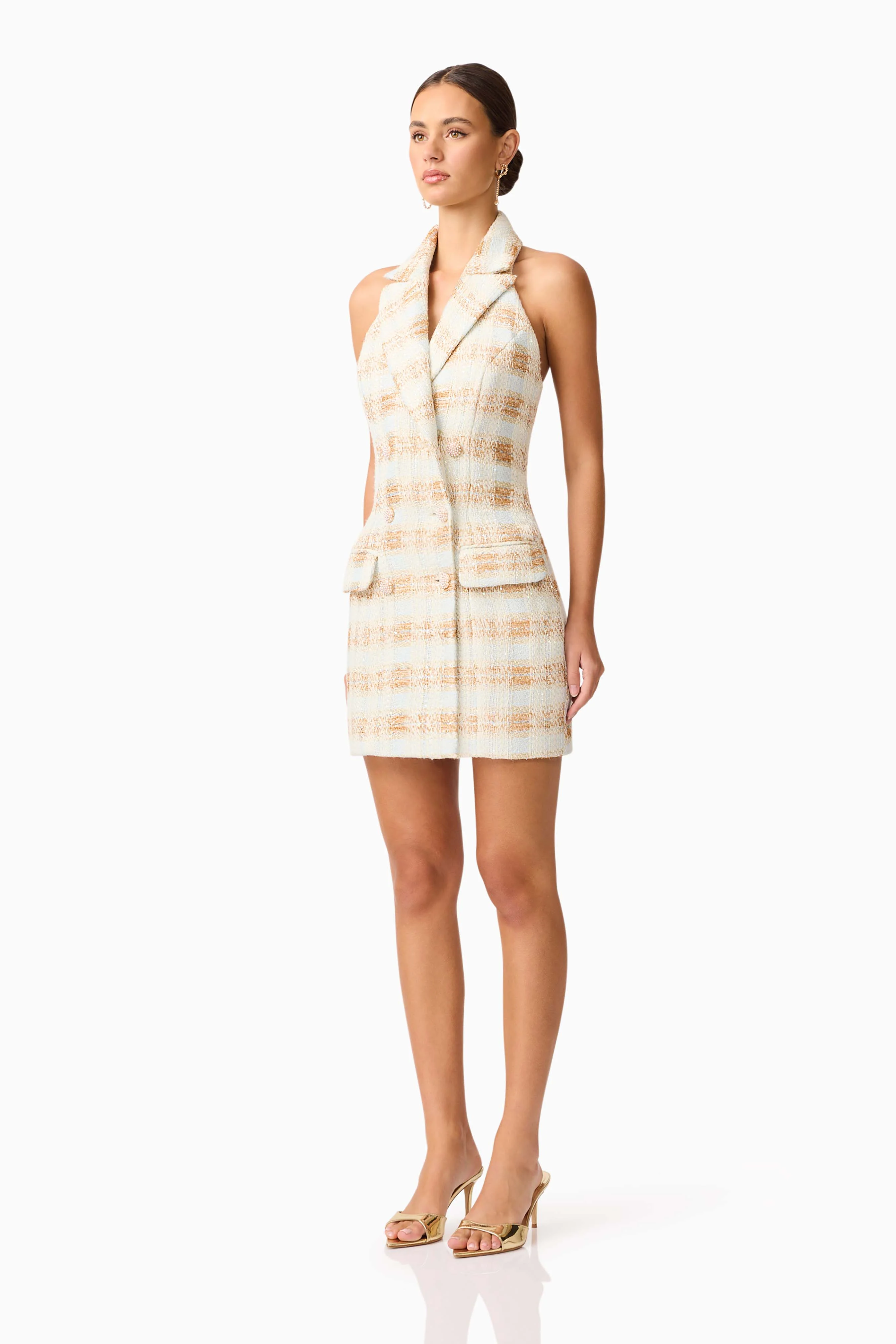 Ashlyn Halter Tweed Mini Dress in White & Gold - Image 3