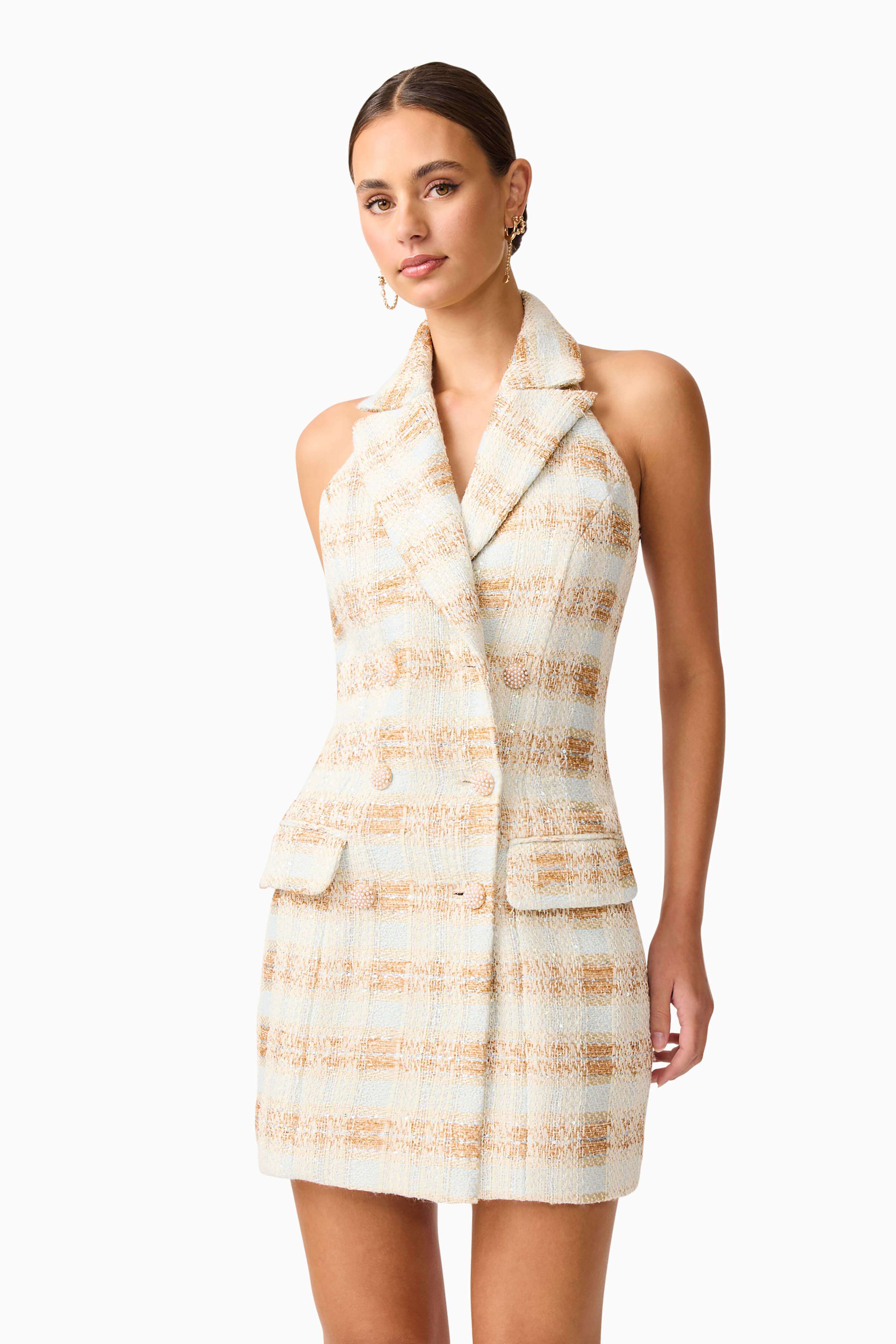 Ashlyn Halter Tweed Mini Dress in White & Gold - Image 6