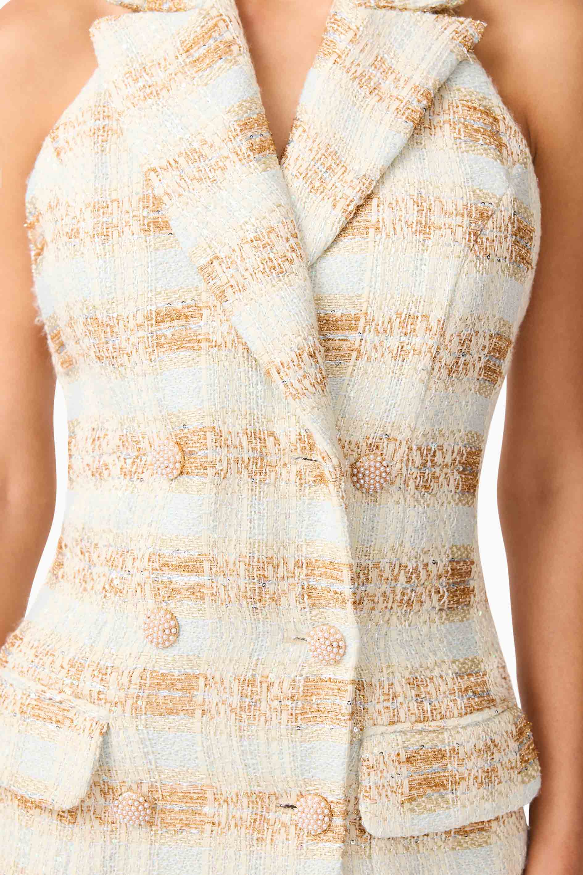 Ashlyn Halter Tweed Mini Dress in White & Gold - Image 7