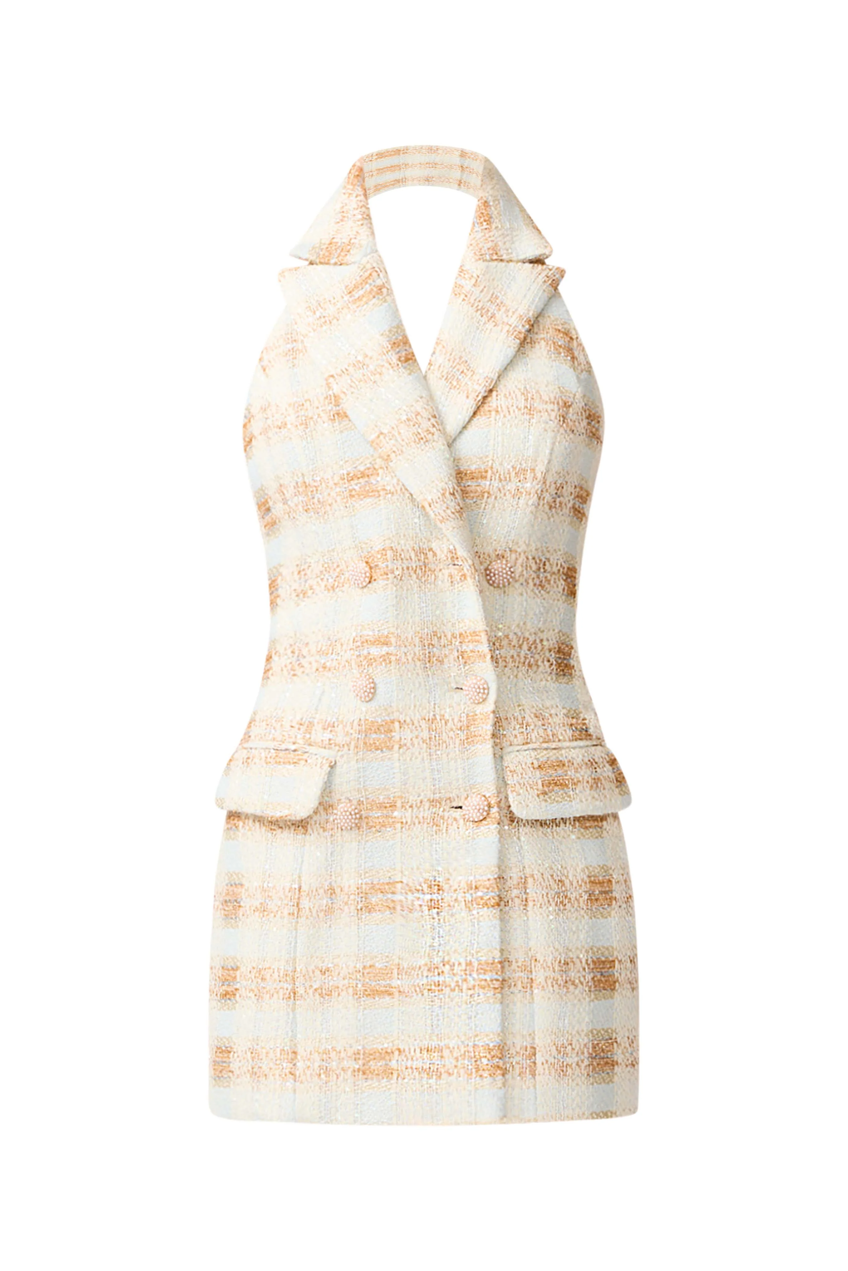 Ashlyn Halter Tweed Mini Dress in White & Gold - Image 8