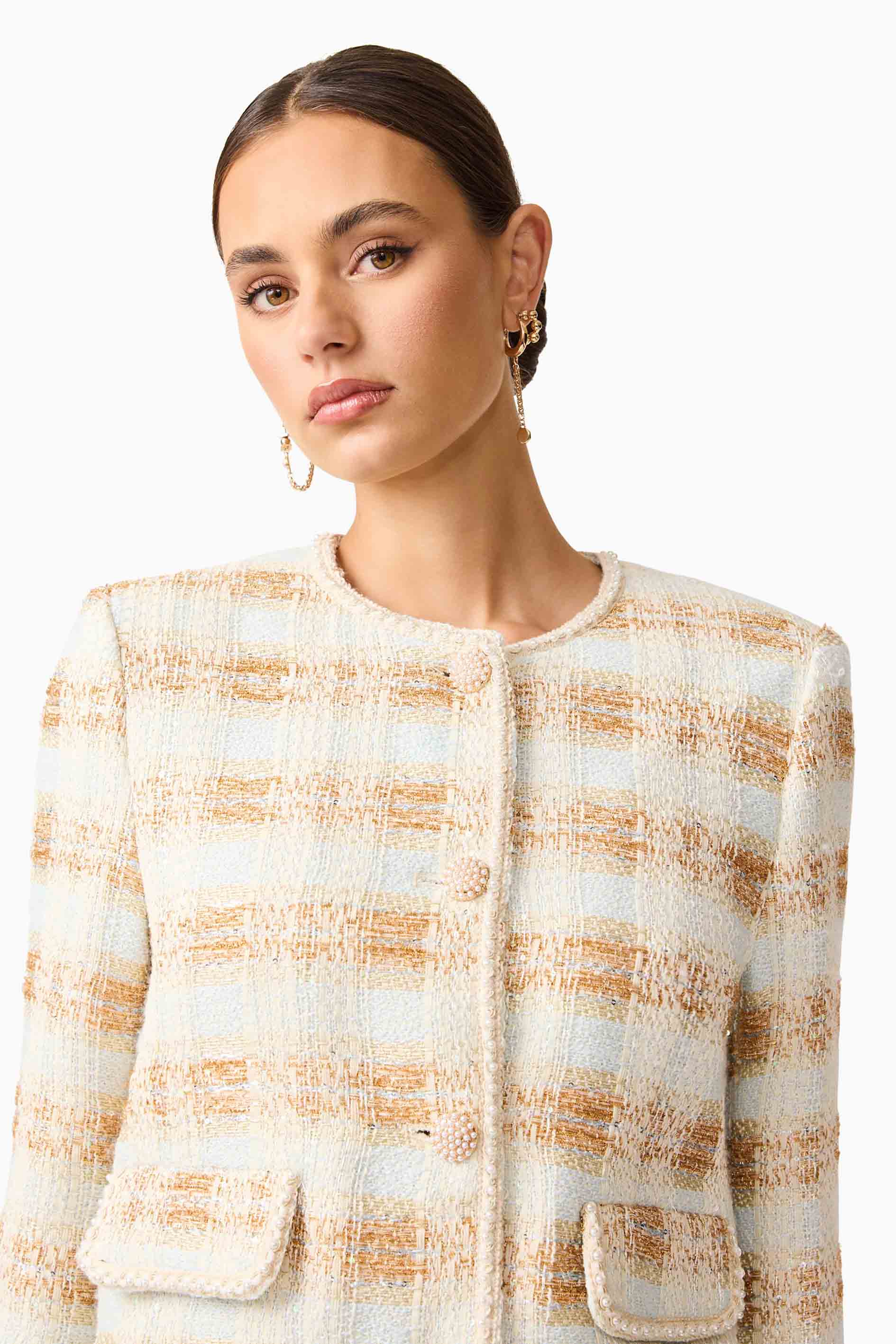 Ashlyn Long Sleeve Tweed Set in White & Gold - Image 6
