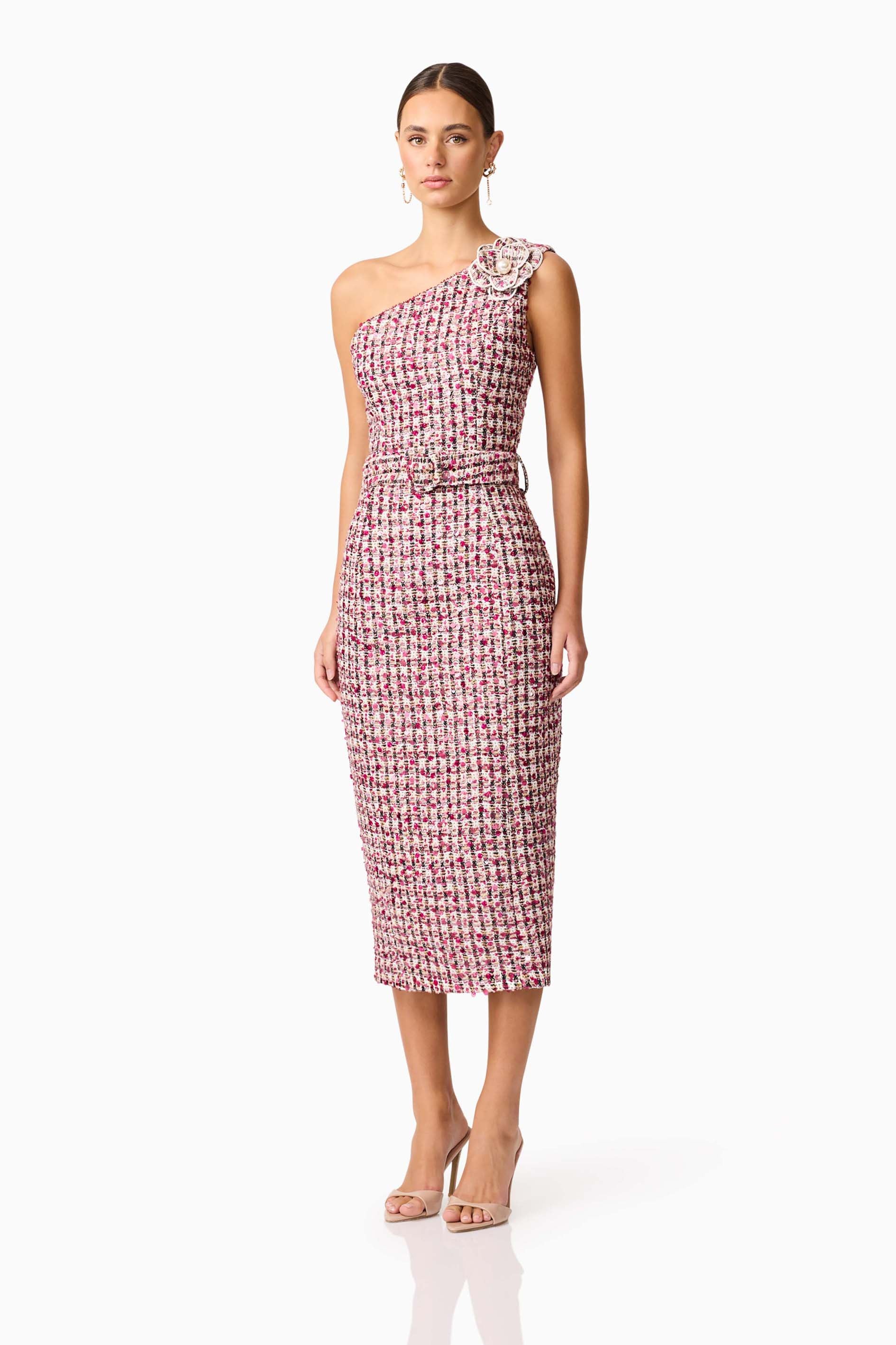Bianca One Shoulder Tweed Midi Dress in Red - Image 3