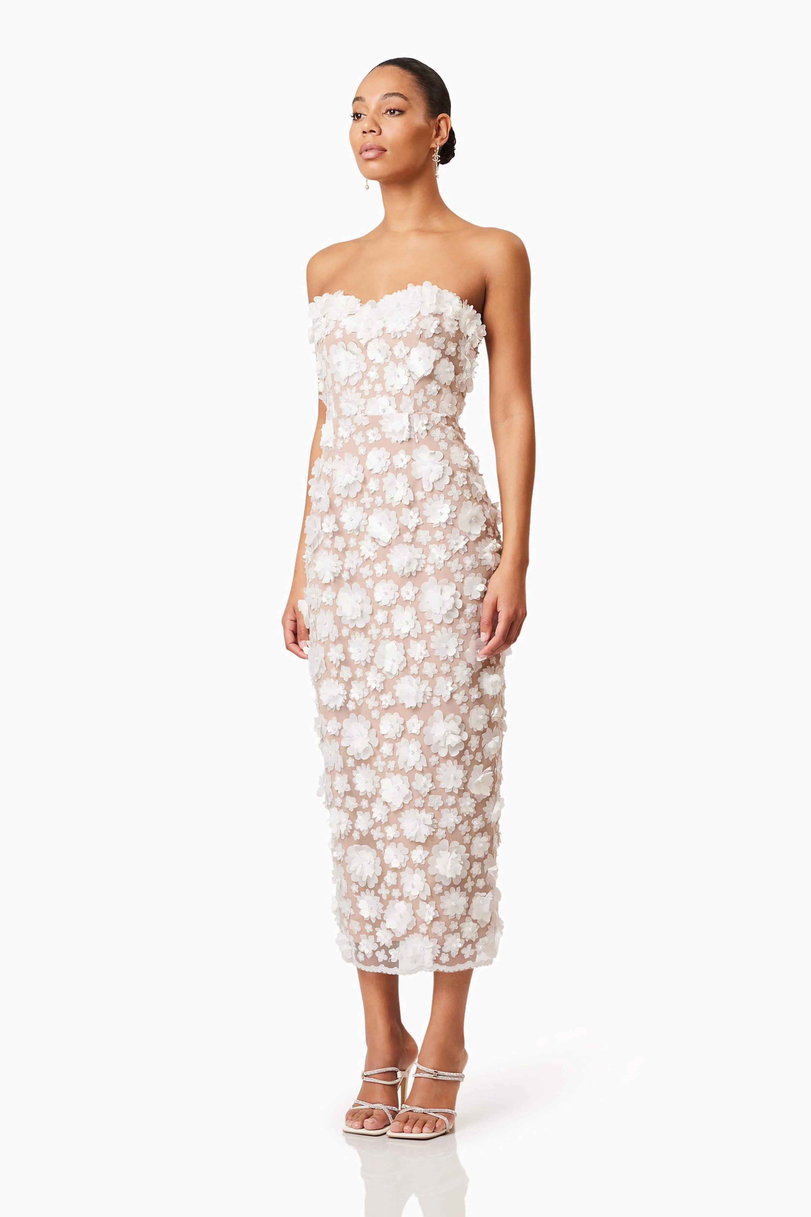 Bluebell Strapless 3D Midi Dress in White - Image 3
