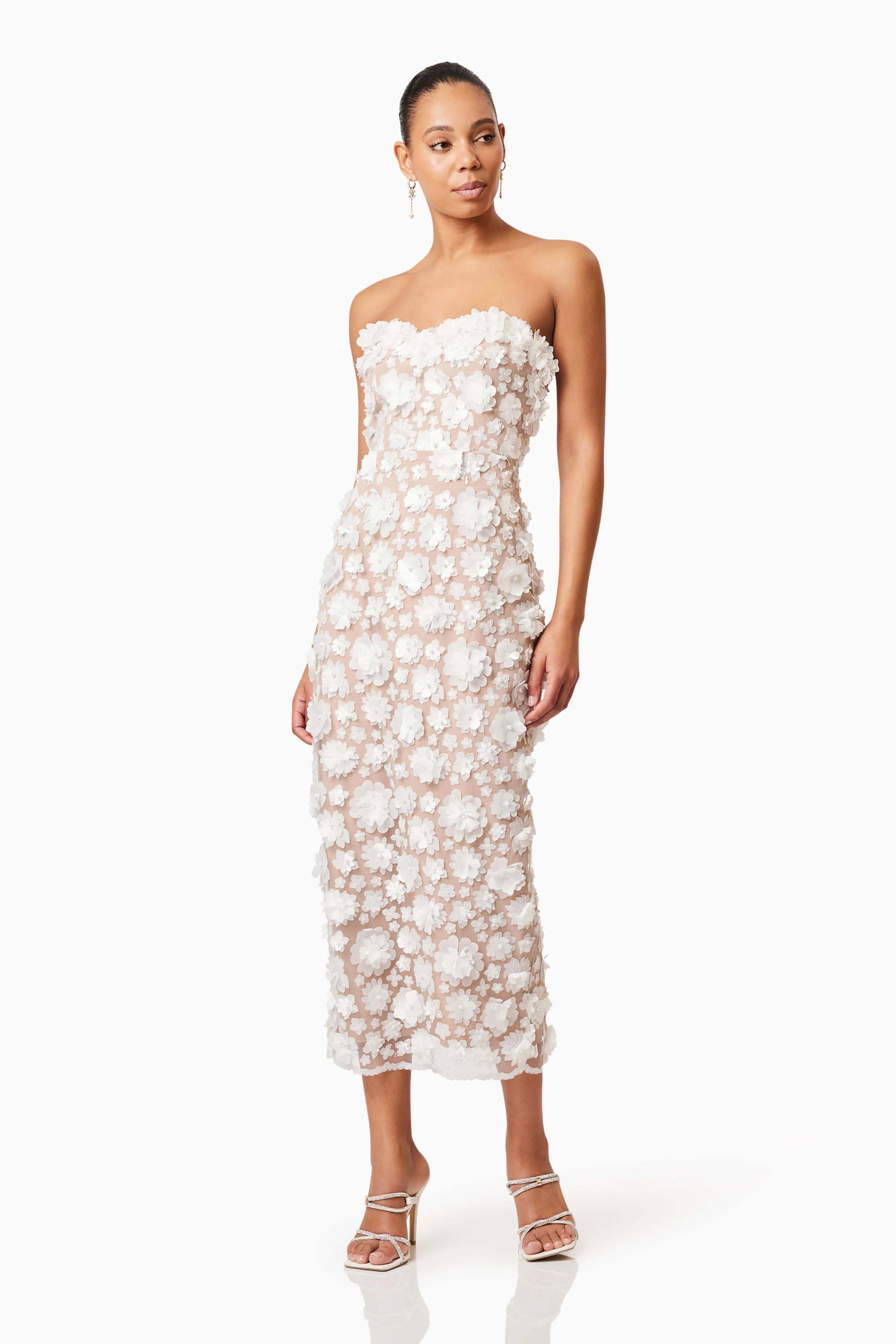 Bluebell Strapless 3D Midi Dress in White - Image 4