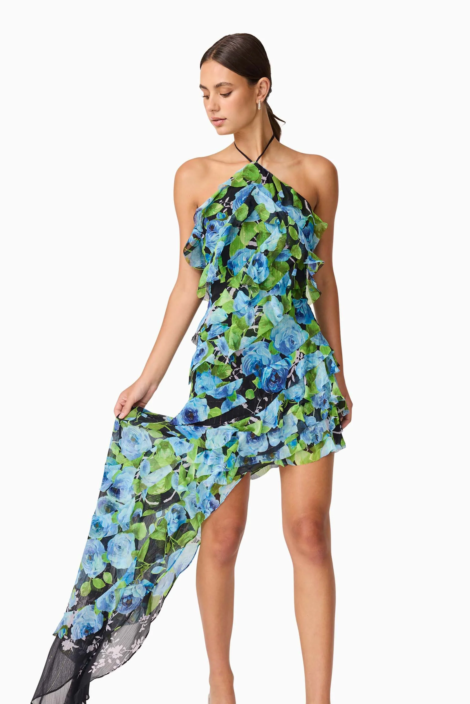 Briony Asymmetrical Maxi Dress in Black & Blue Floral - Image 3