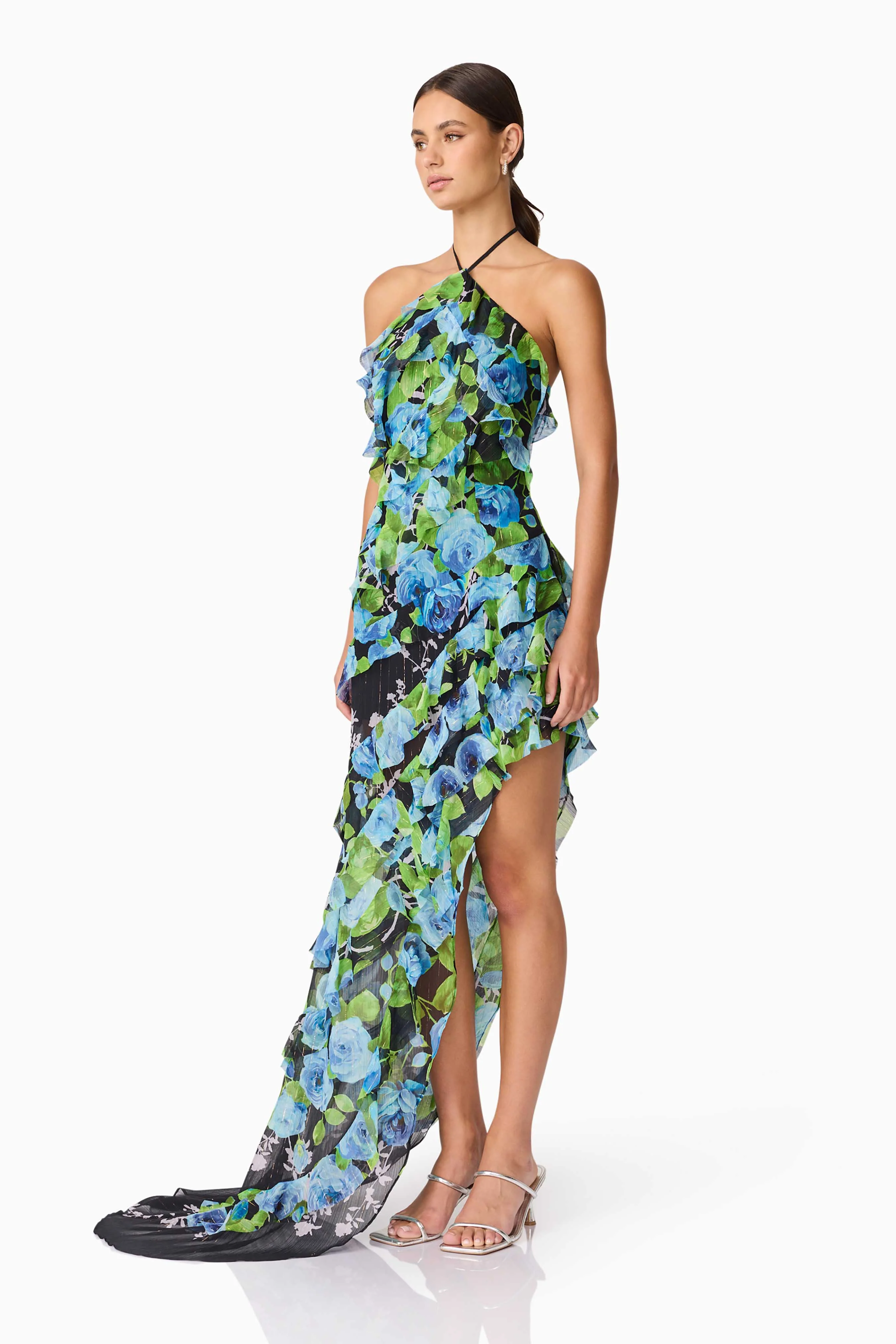 Briony Asymmetrical Maxi Dress in Black & Blue Floral - Image 4