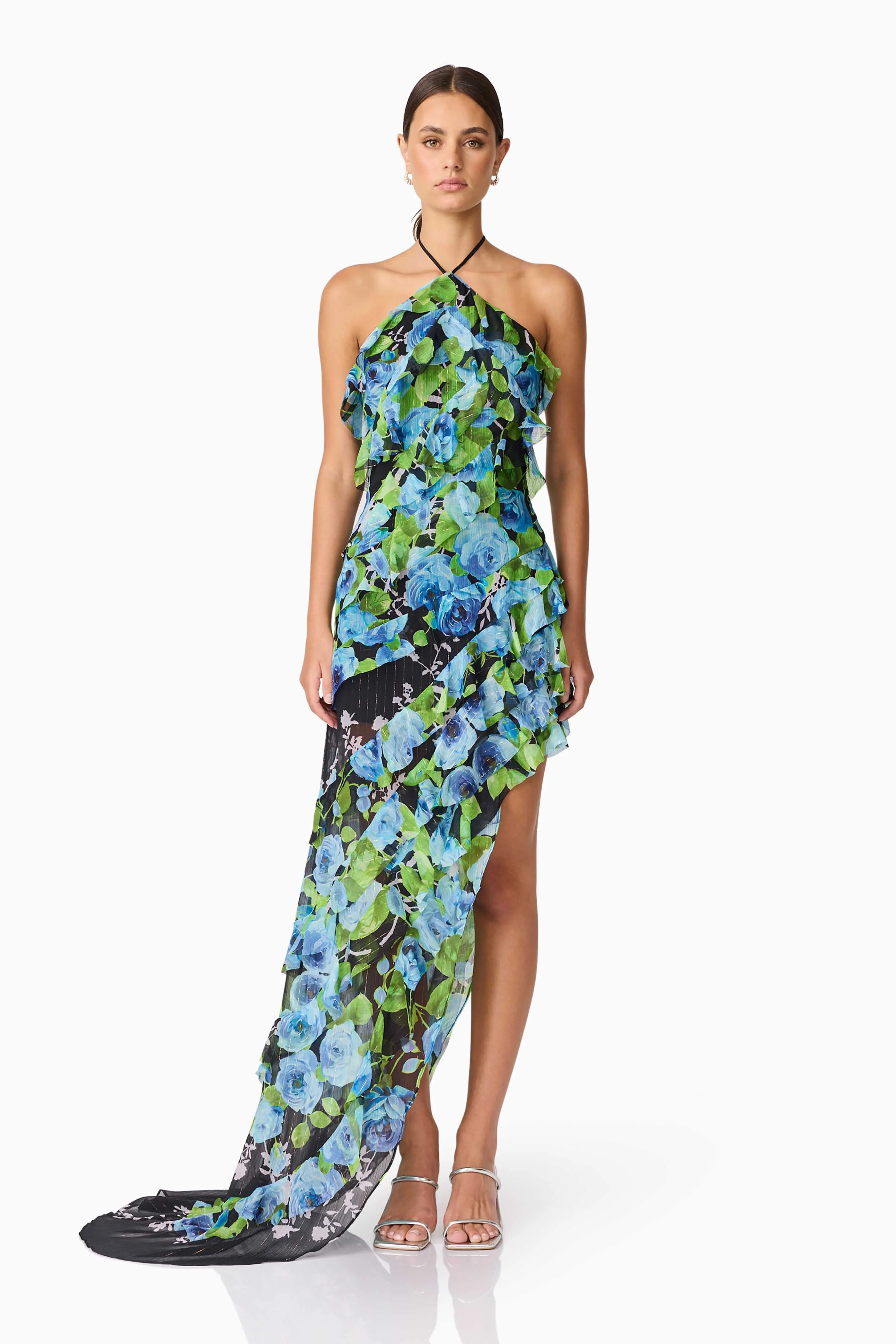 Briony Asymmetrical Maxi Dress in Black & Blue Floral - Image 5