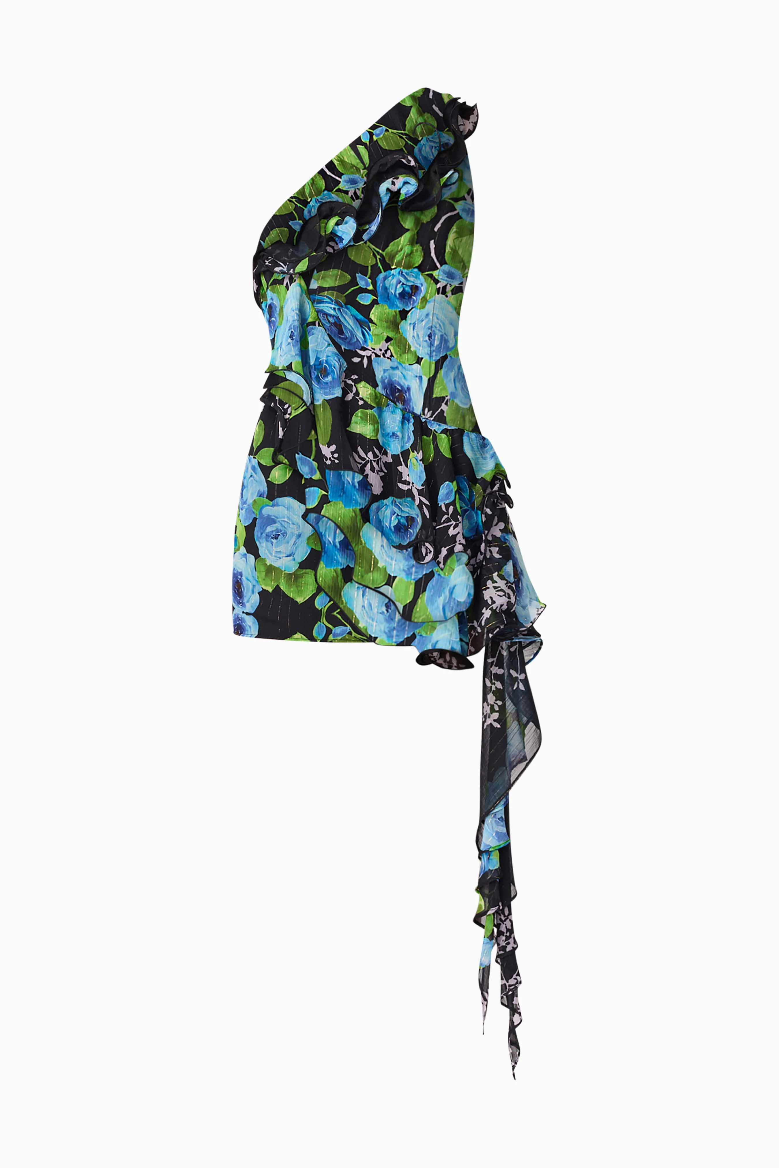 Briony Asymmetrical Mini Dress in Black & Blue Floral - Image 6
