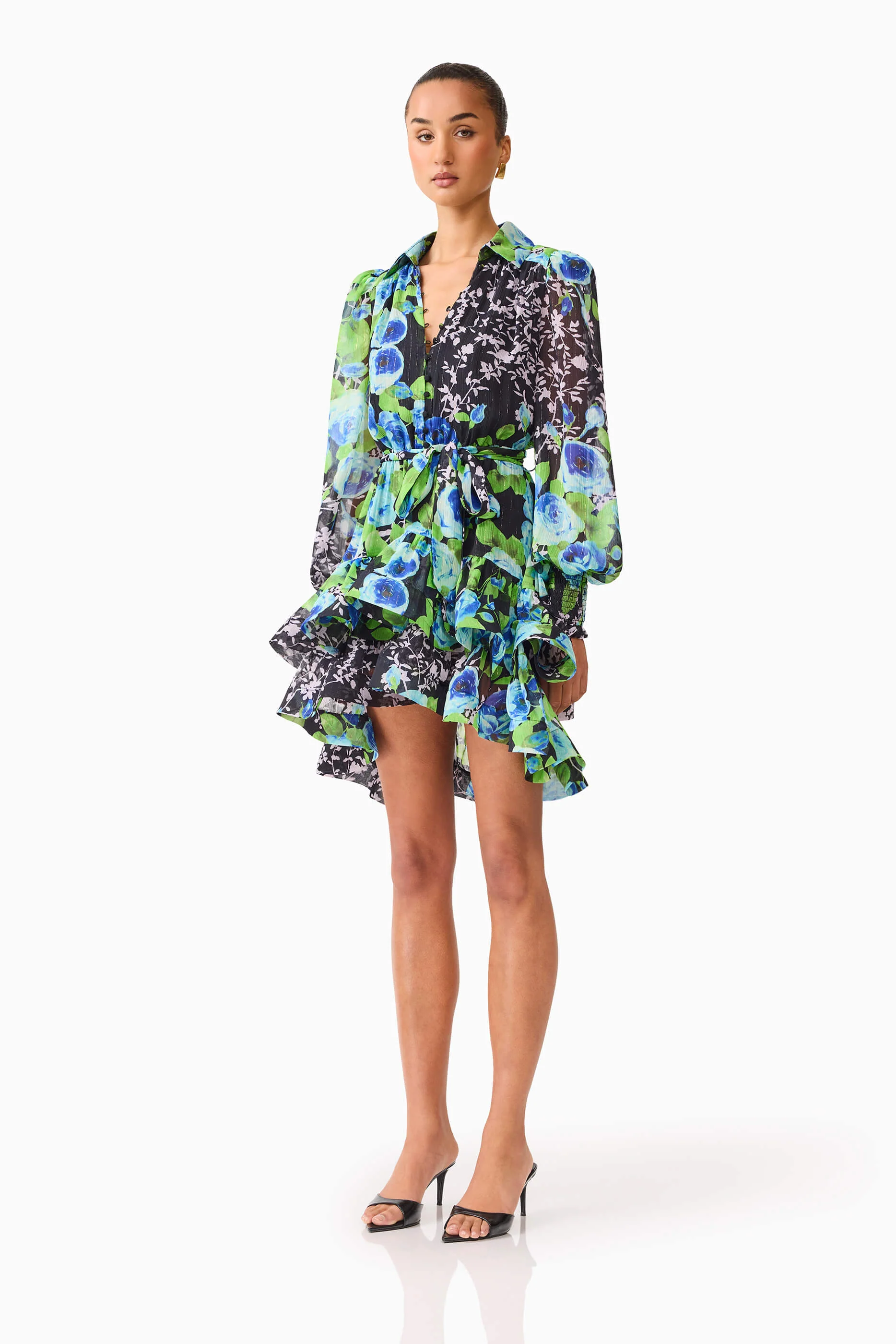 Briony Long Sleeve Mini Dress in Black Floral - Image 2