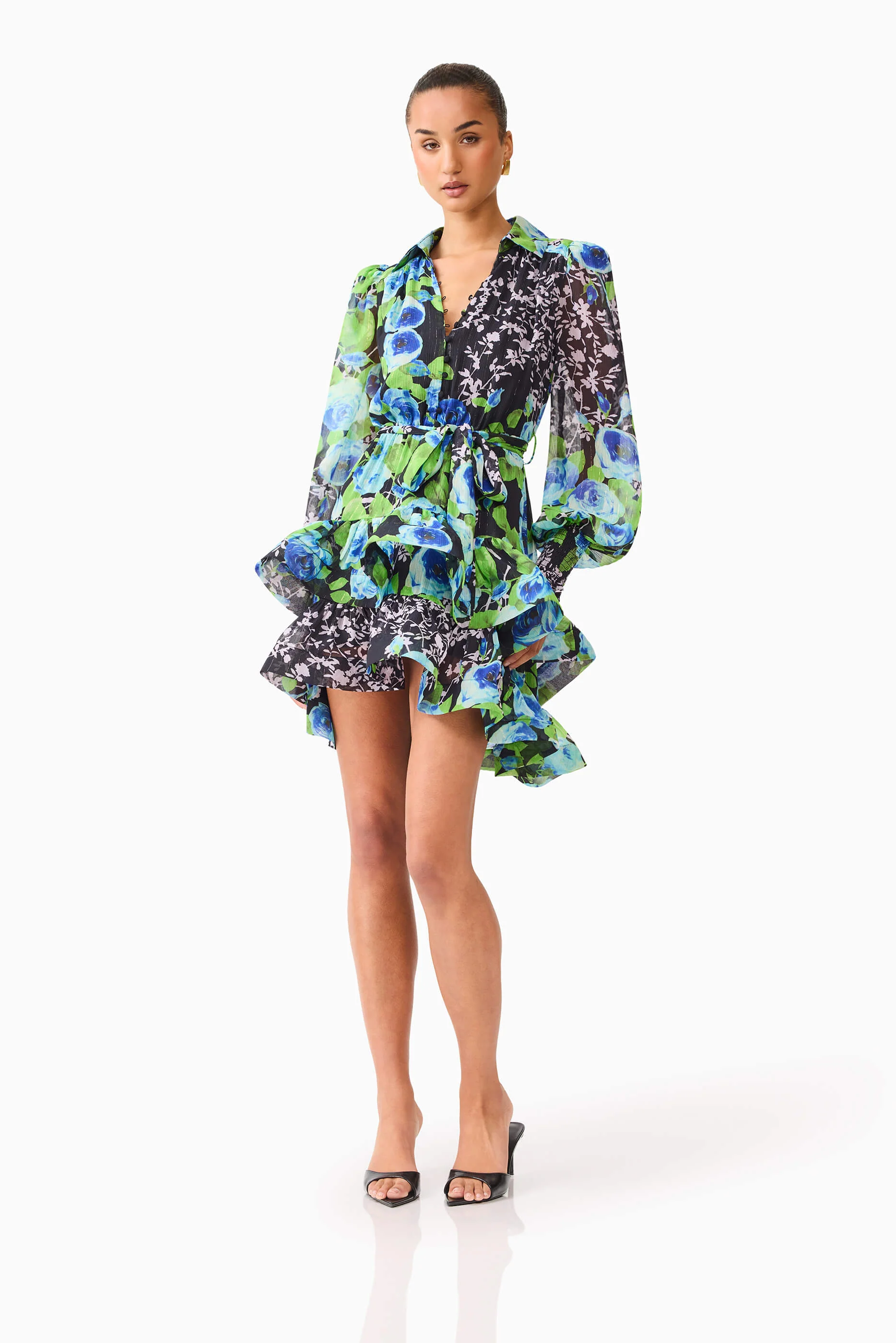 Briony Long Sleeve Mini Dress in Black Floral - Image 3