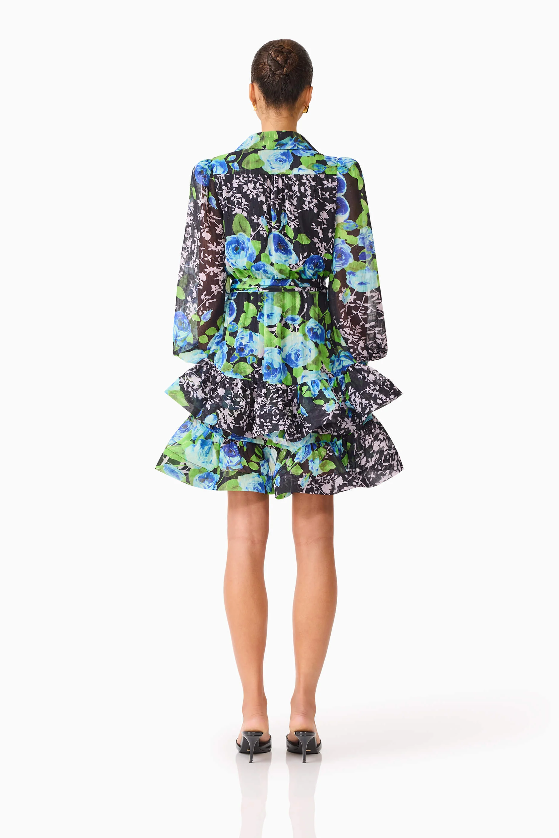 Briony Long Sleeve Mini Dress in Black Floral - Image 4