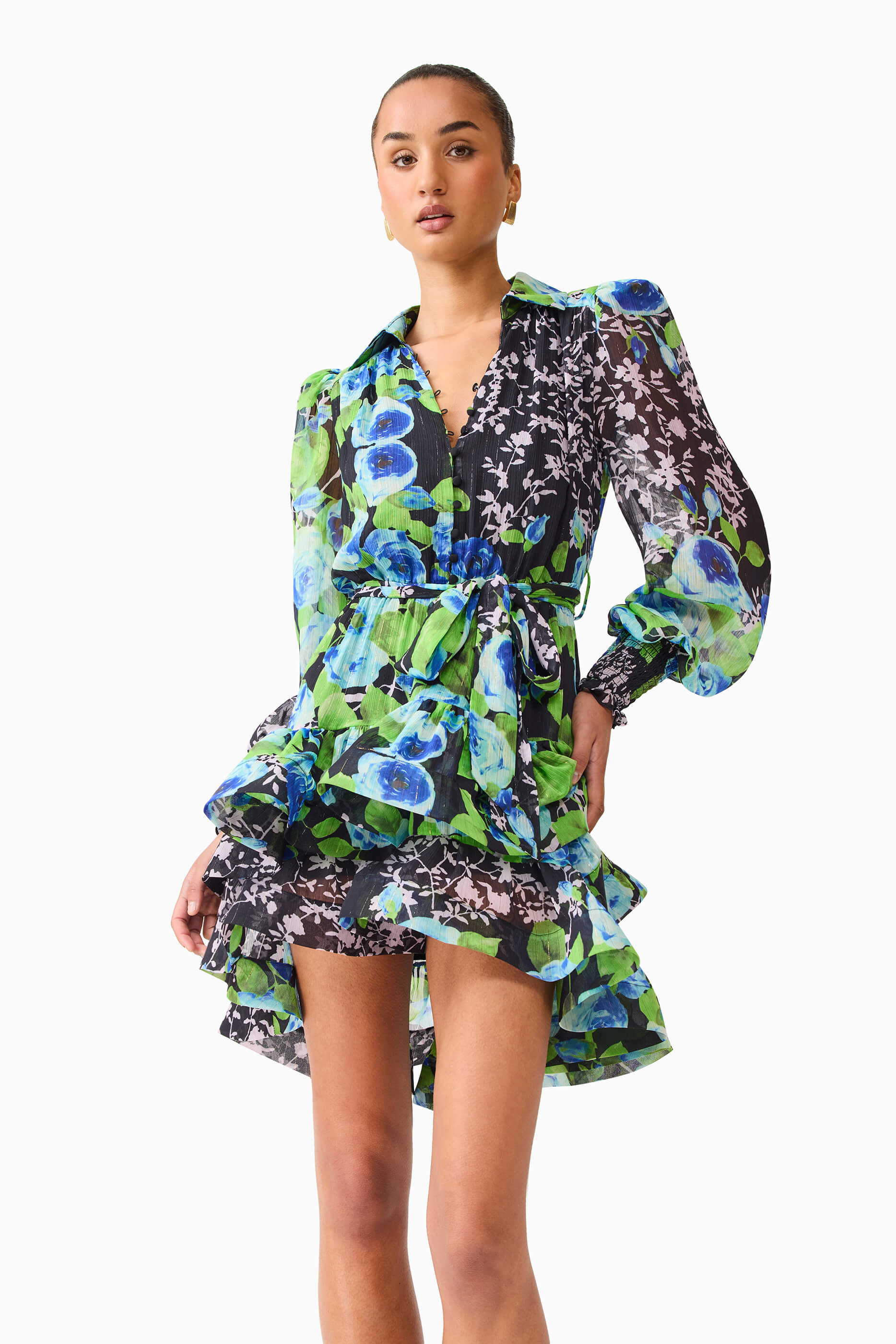 Briony Long Sleeve Mini Dress in Black Floral - Image 5