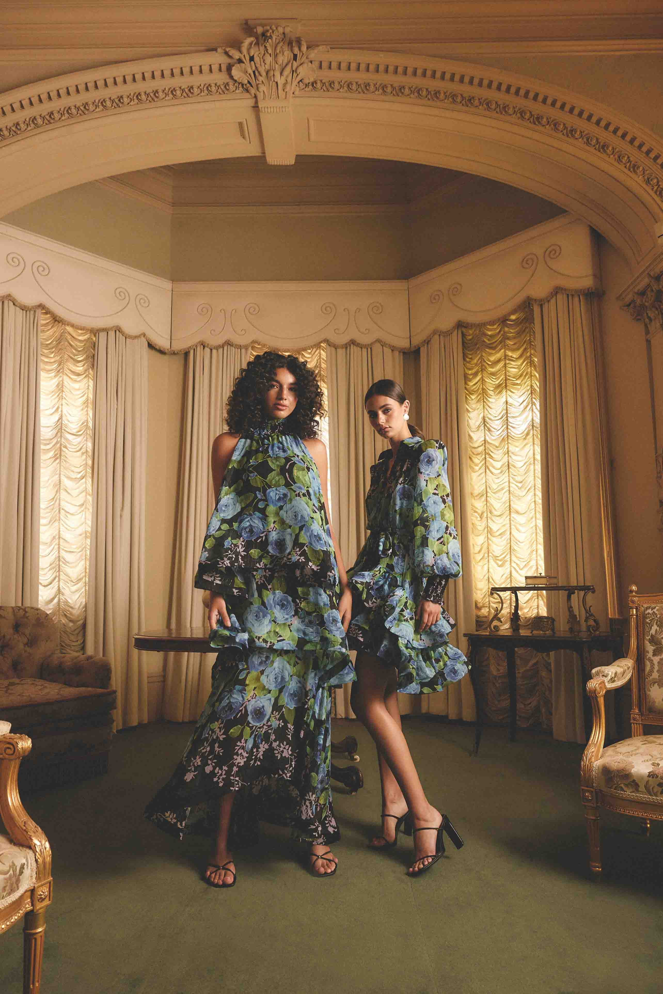 Briony Tiered Gown in Black & Blue Floral - Image 2