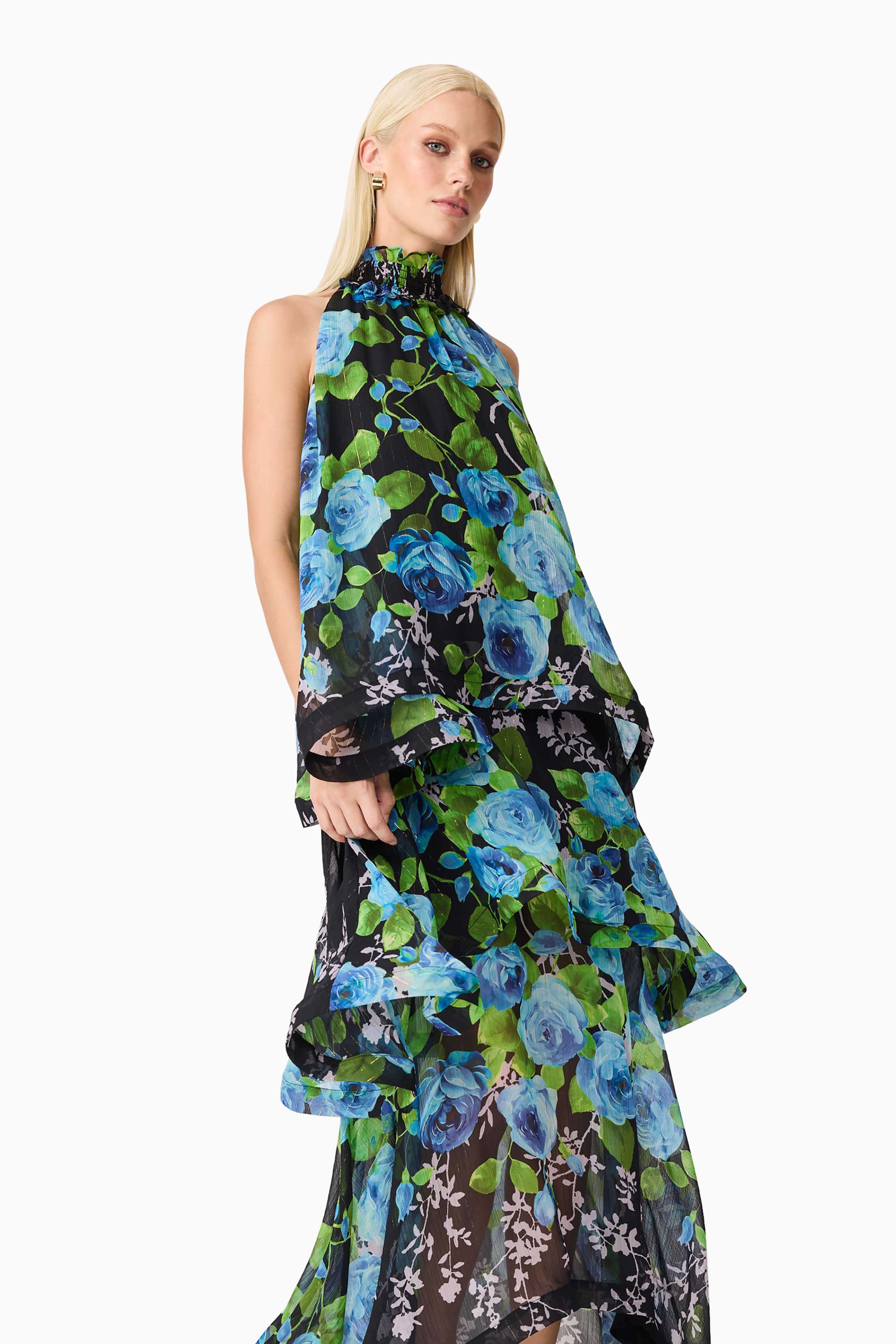 Briony Tiered Gown in Black & Blue Floral - Image 3
