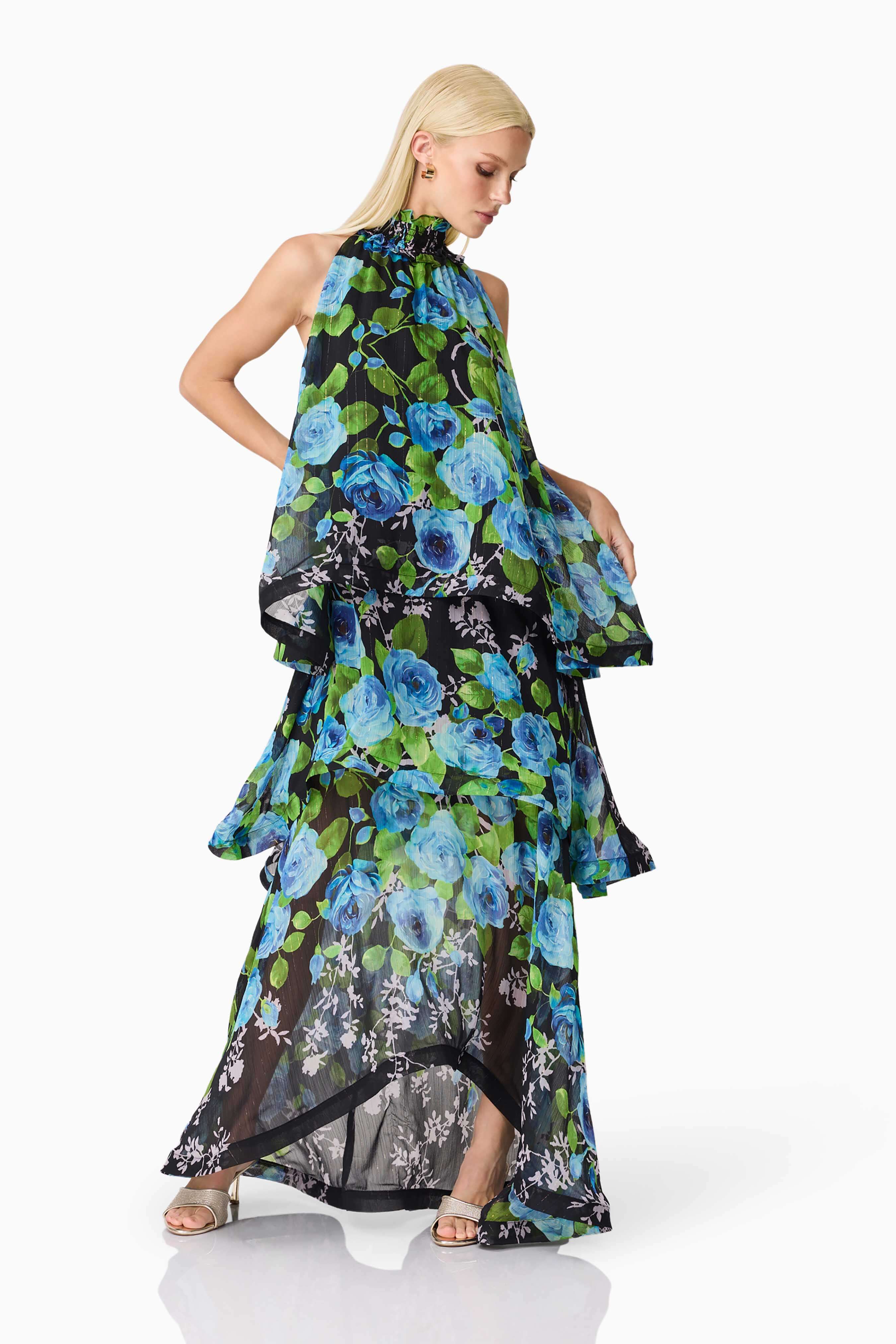Briony Tiered Gown in Black & Blue Floral - Image 5