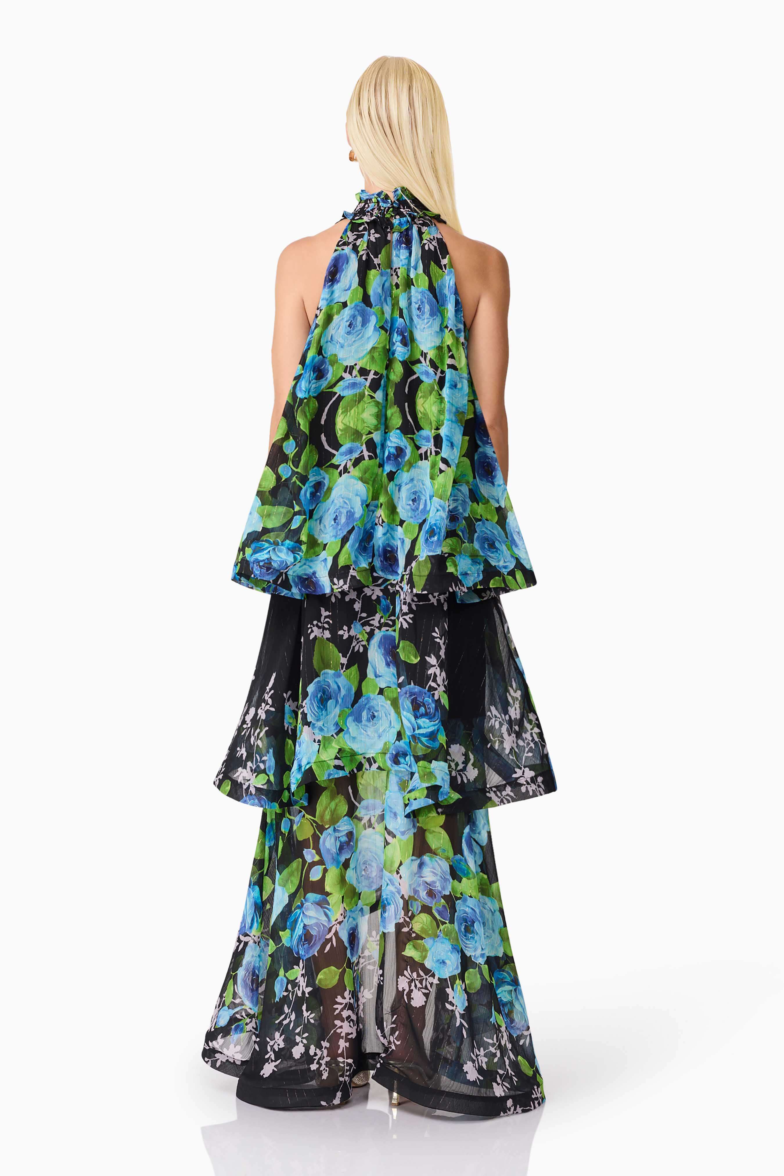 Briony Tiered Gown in Black & Blue Floral - Image 6