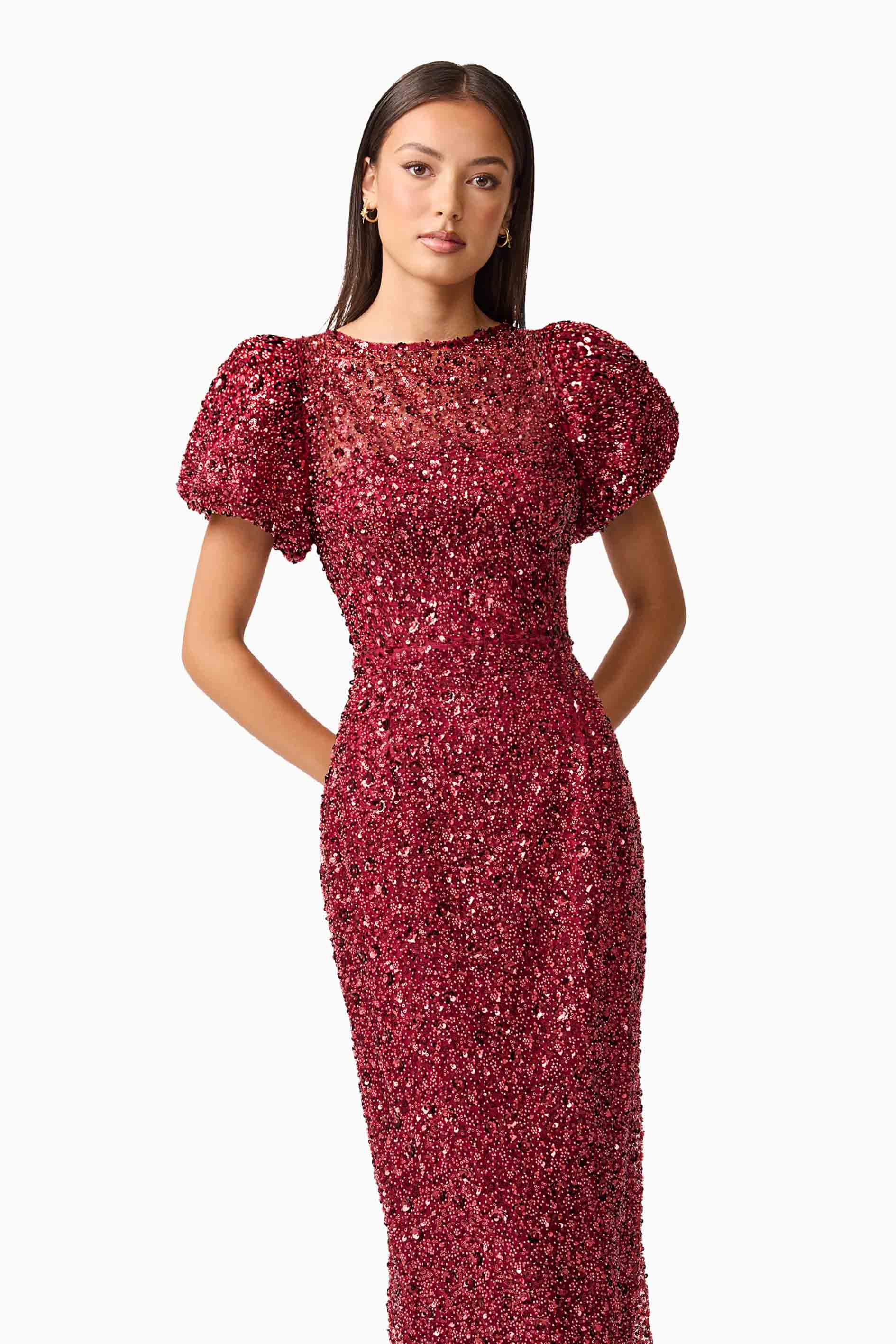 Carmen Puff Sleeve Midi Dress in Red - Image 6