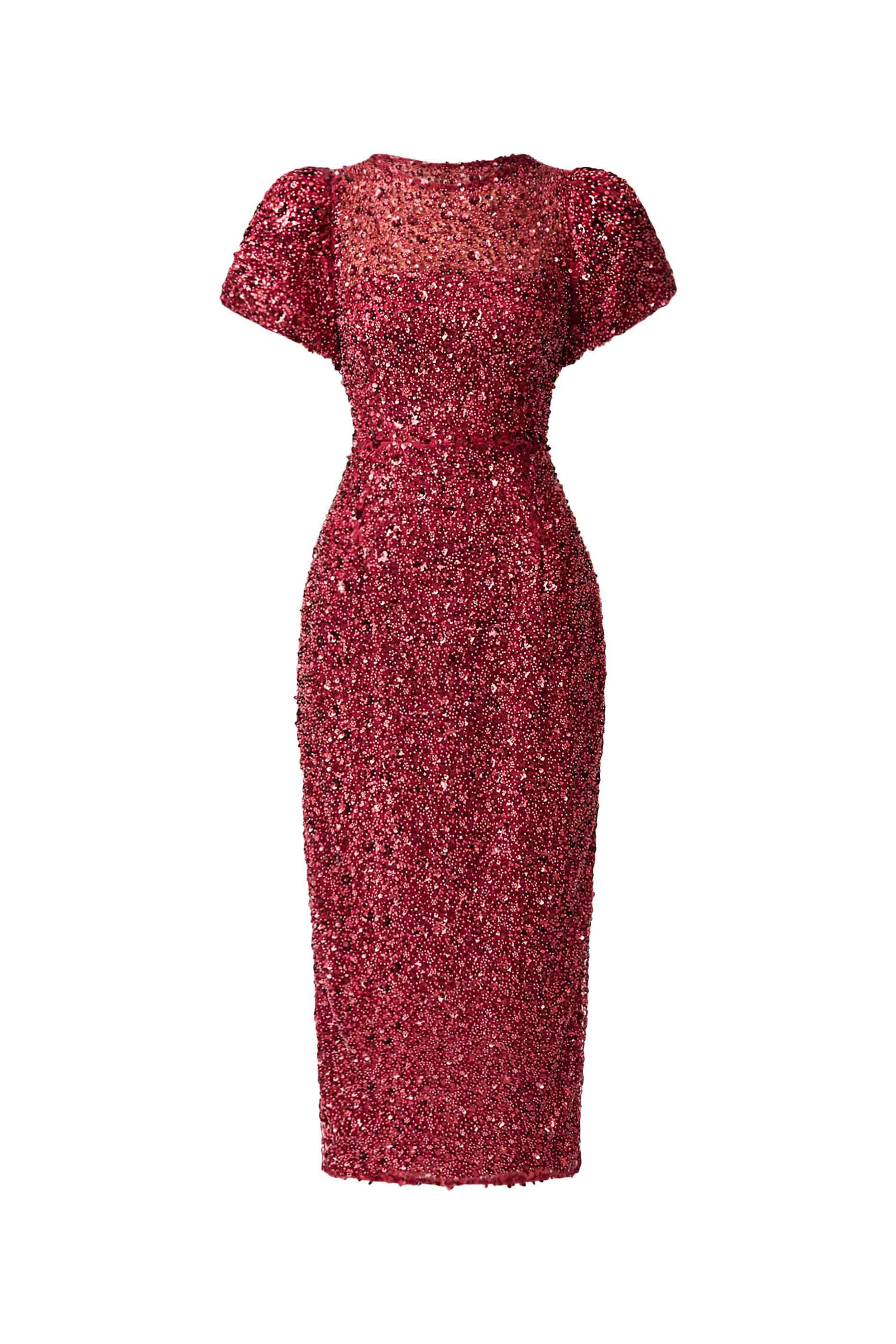 Carmen Puff Sleeve Midi Dress in Red - Image 8