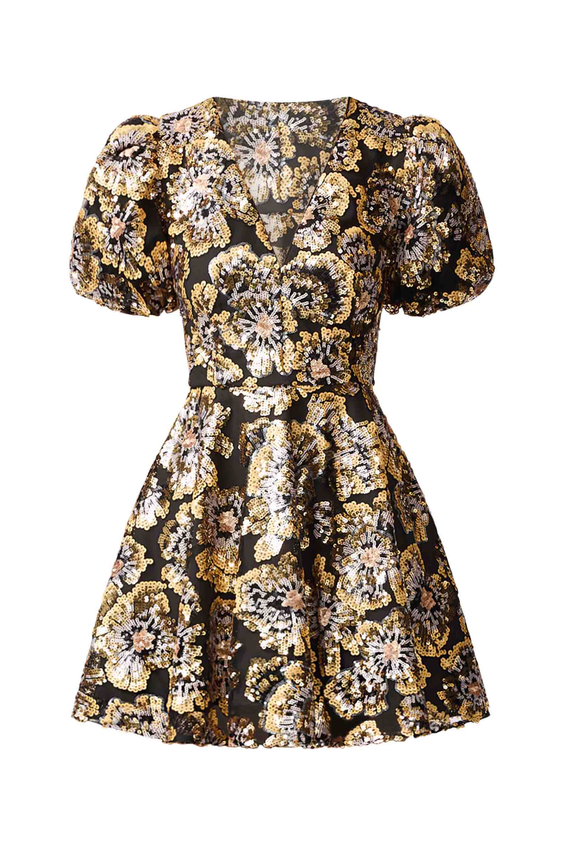 Celeste Puff Sleeve Mini Dress in Black and Gold - Image 7