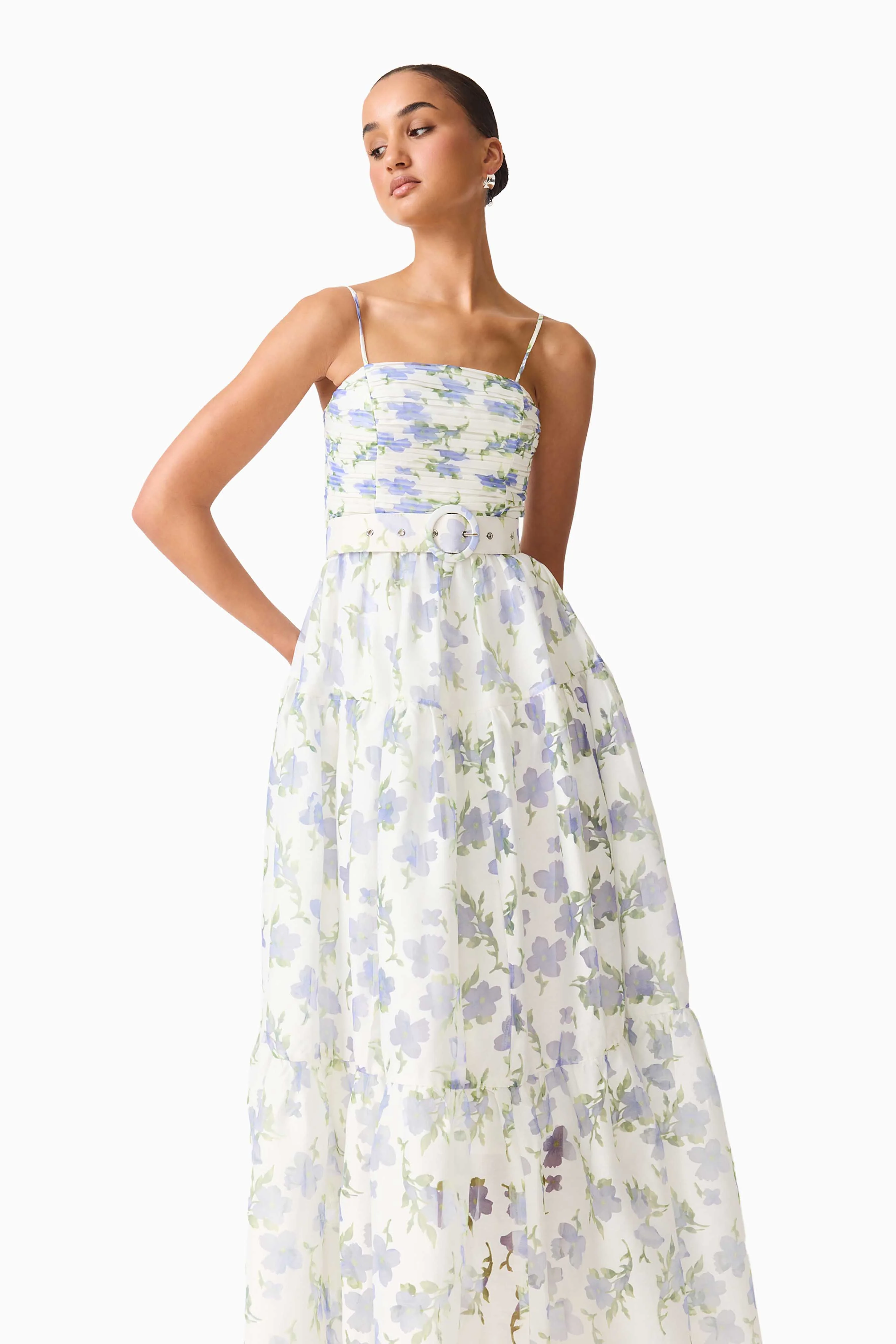 Cleo A-line Gown in White & Blue Floral - Image 2