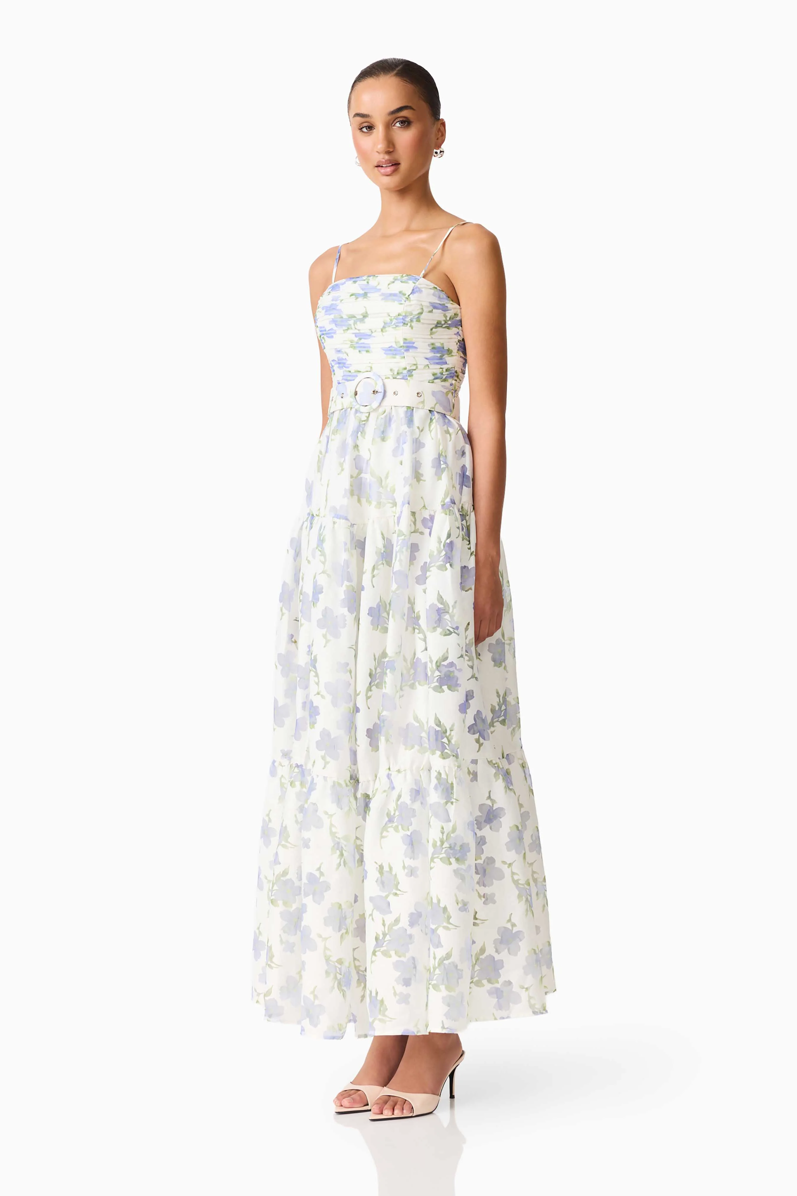 Cleo A-line Gown in White & Blue Floral - Image 3