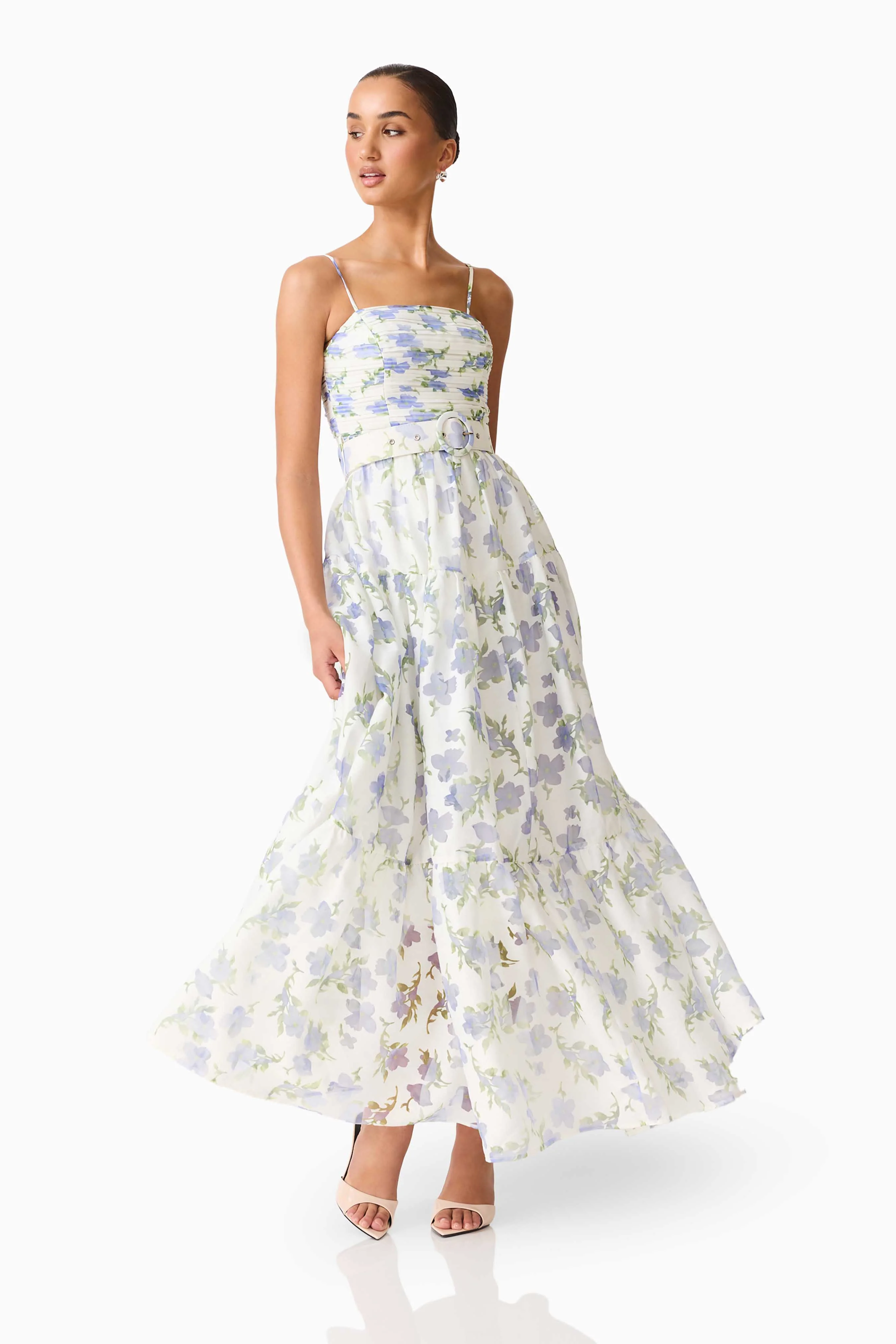 Cleo A-line Gown in White & Blue Floral - Image 4