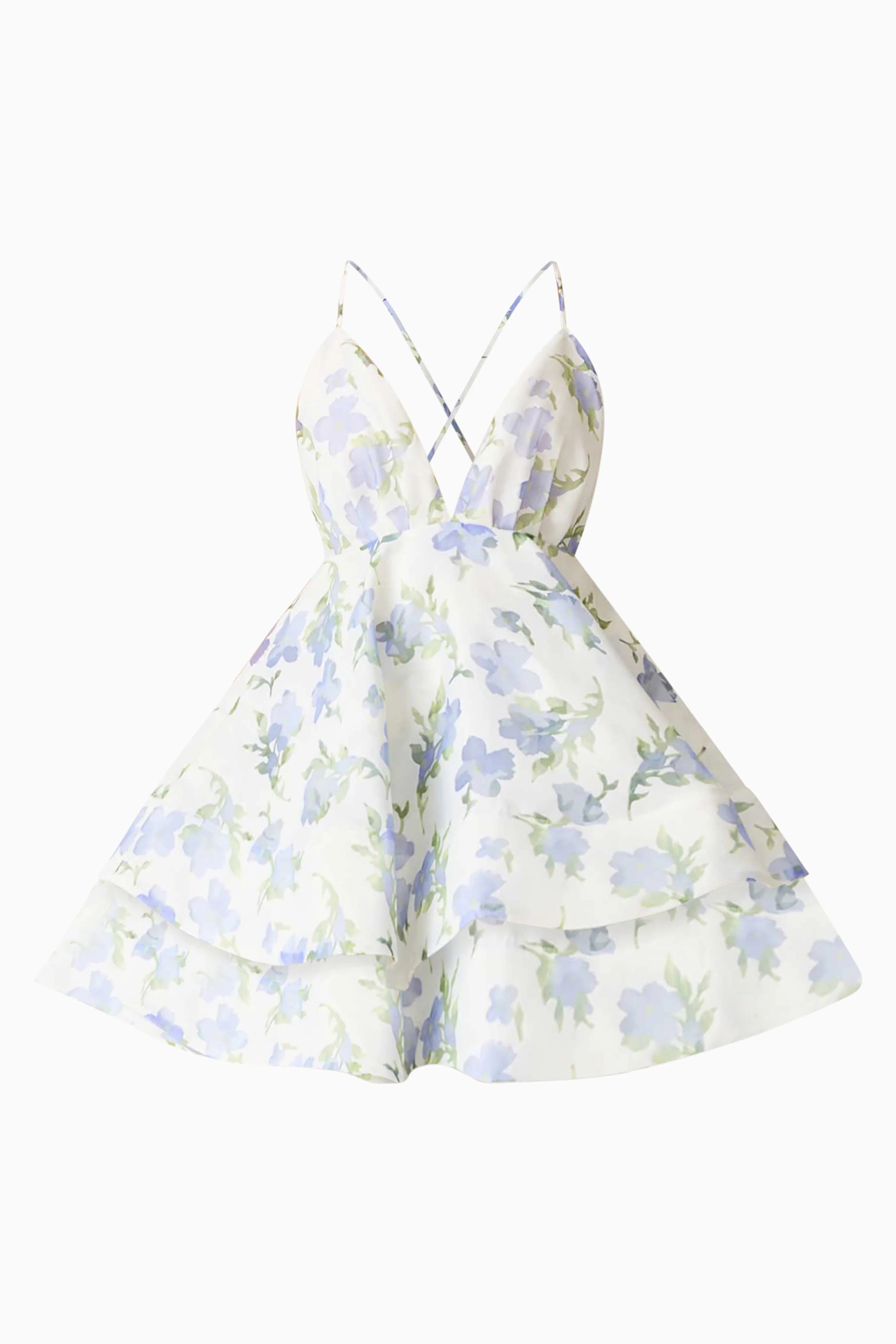 Cleo Tiered Mini Dress in White & Blue Floral - Image 8