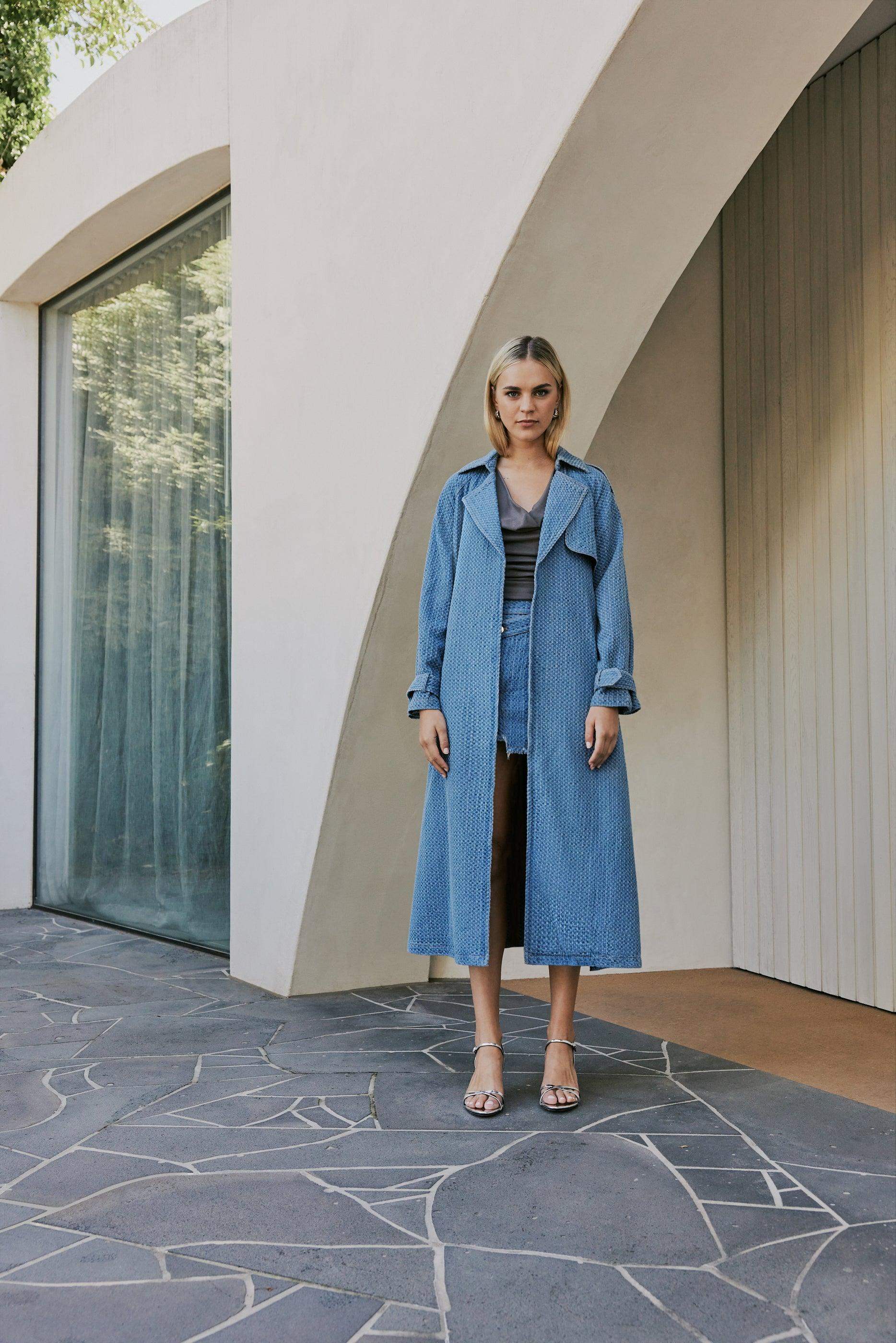 CURAAE Aurora Long Denim Textured Tie Trench - Image 3