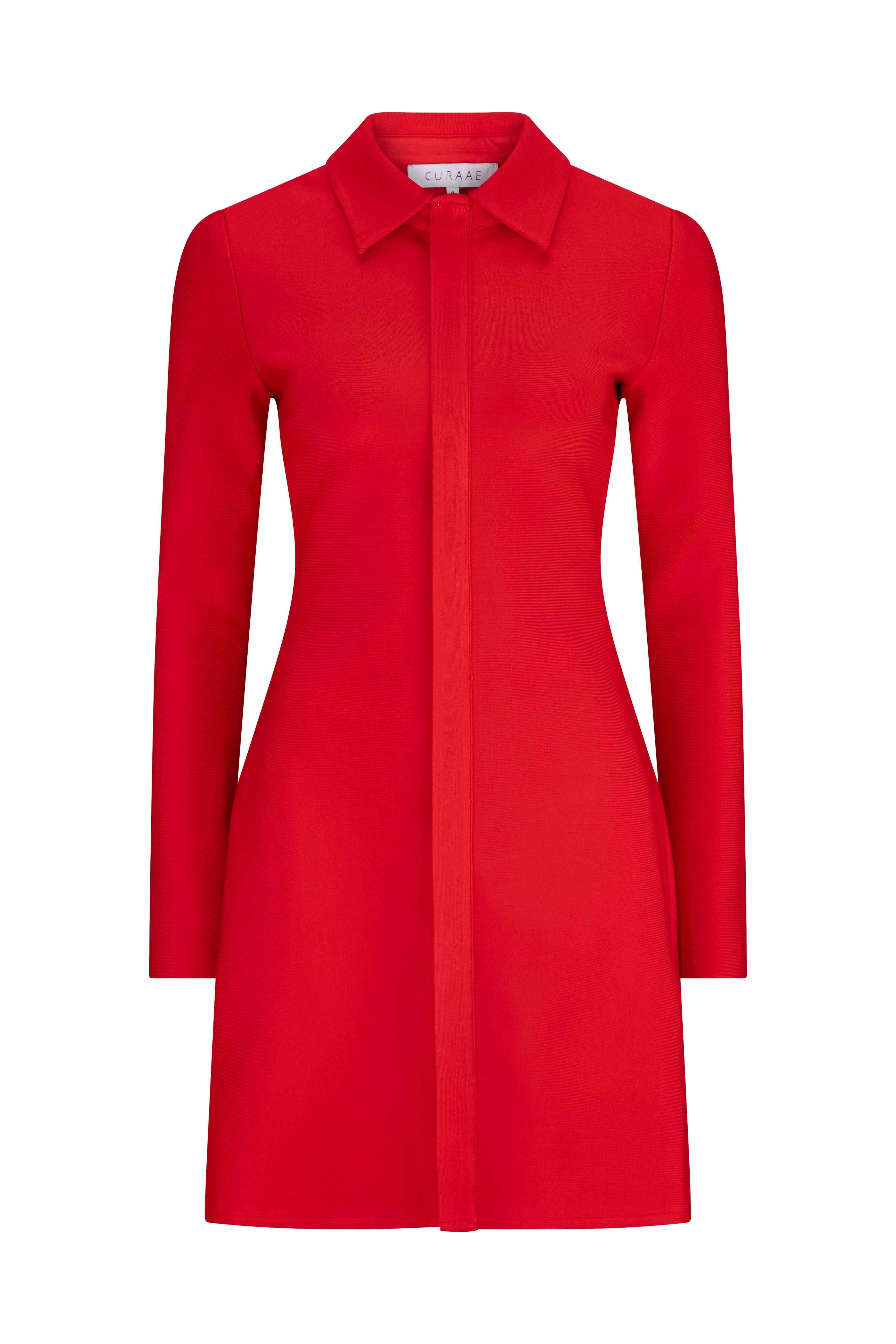CURAAE Elodie Long Sleeve Shirt Mini Dress In Cherry Red - Image 6