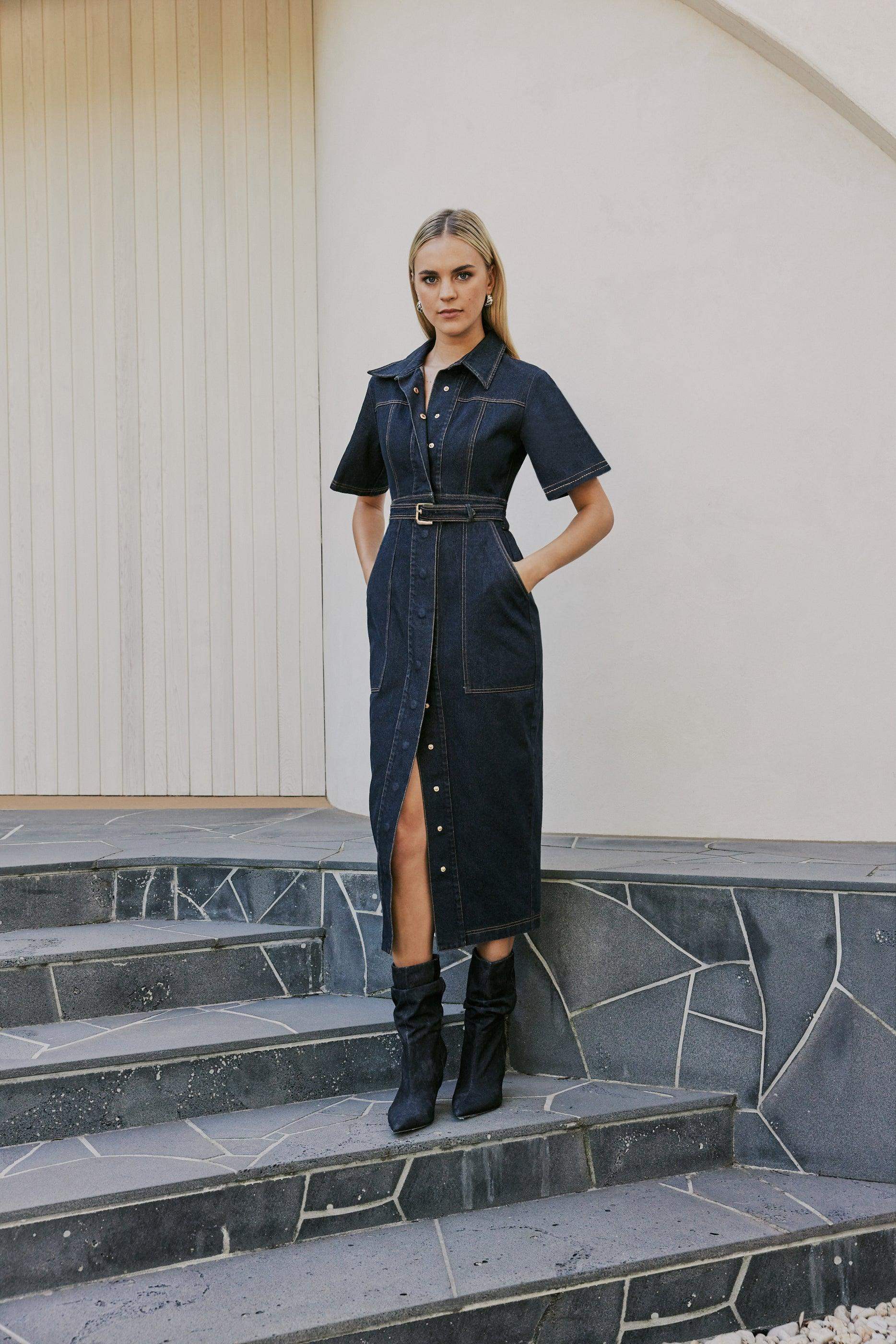 CURAAE Elysia Midi Shirt Belt Denim Dress - Image 4