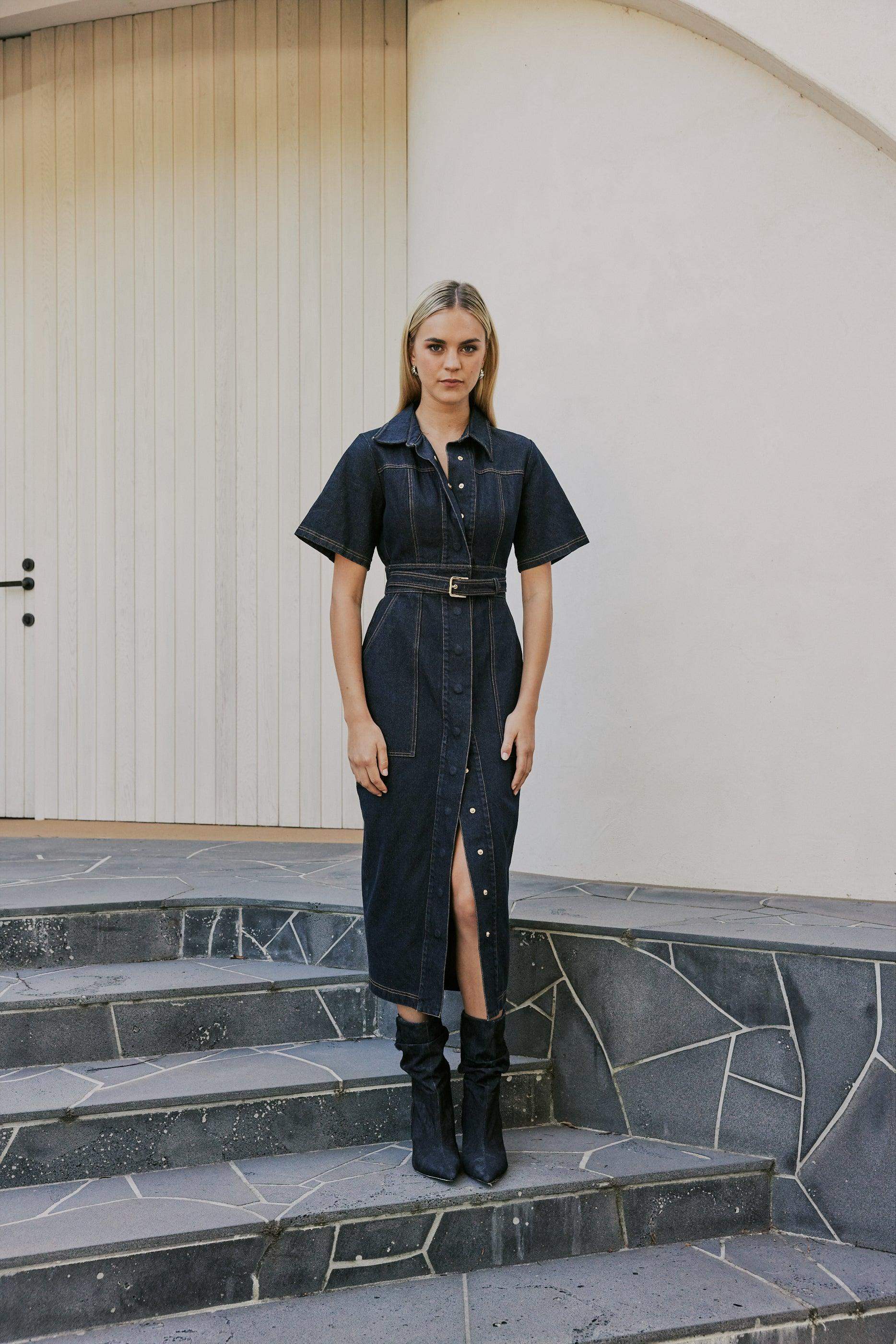 CURAAE Elysia Midi Shirt Belt Denim Dress - Image 5