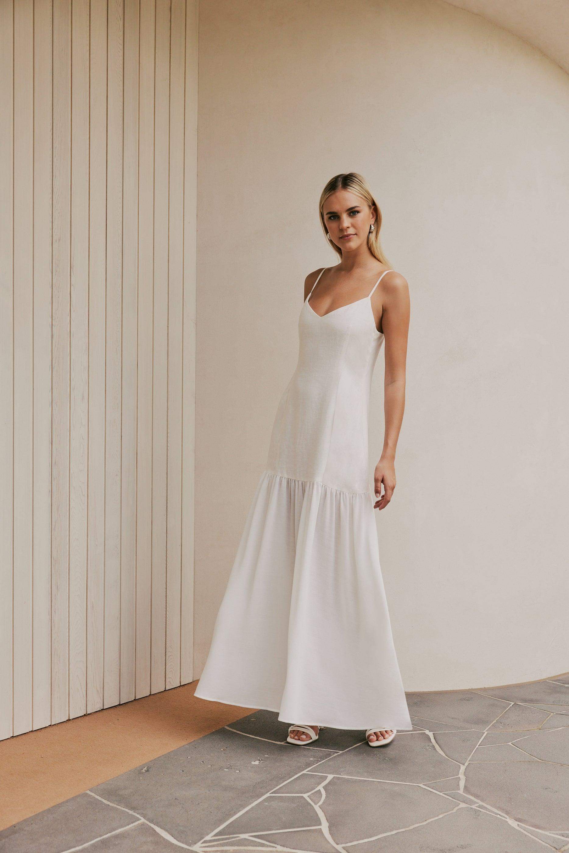 CURAAE Palm Drop Waist Frill Summer Maxi Dress In White - Image 3