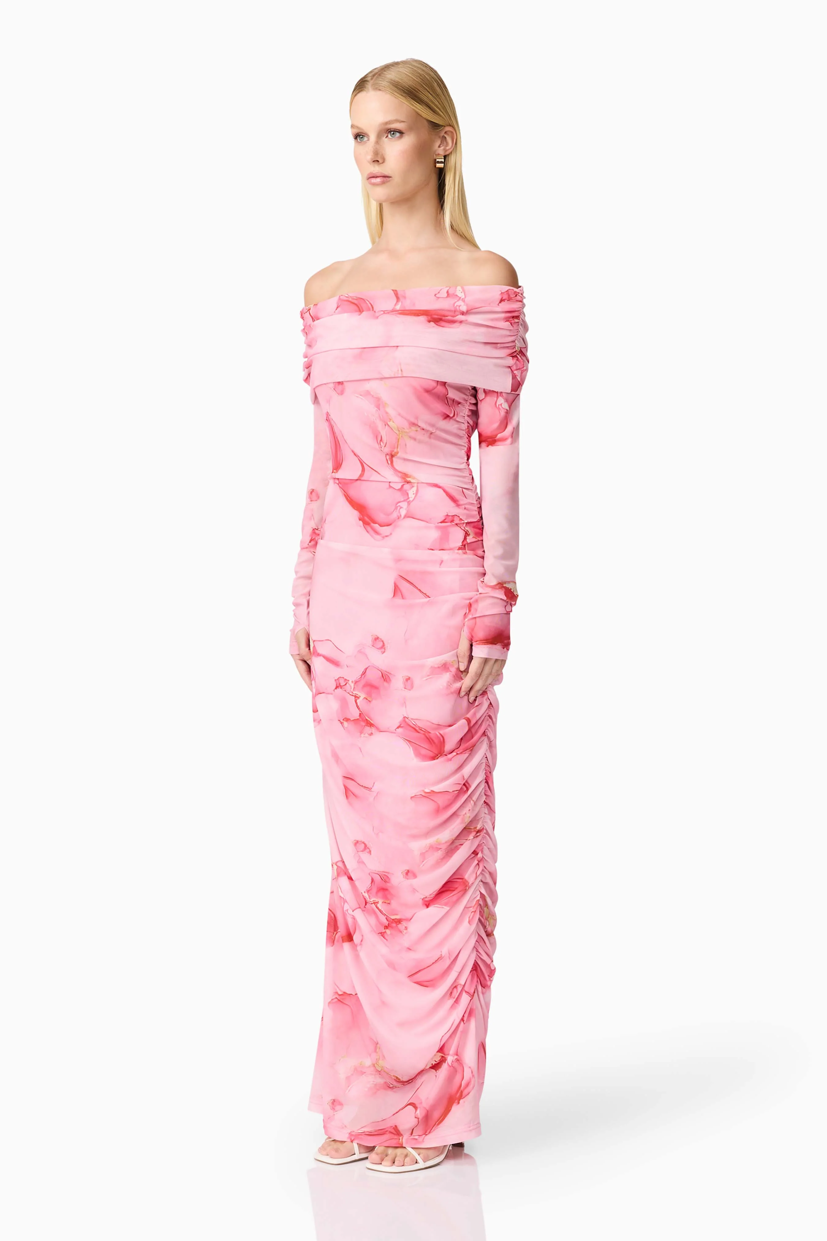 CURAAE Rosalia Off The Shoulder Maxi Dress in Pink Floral - Image 3