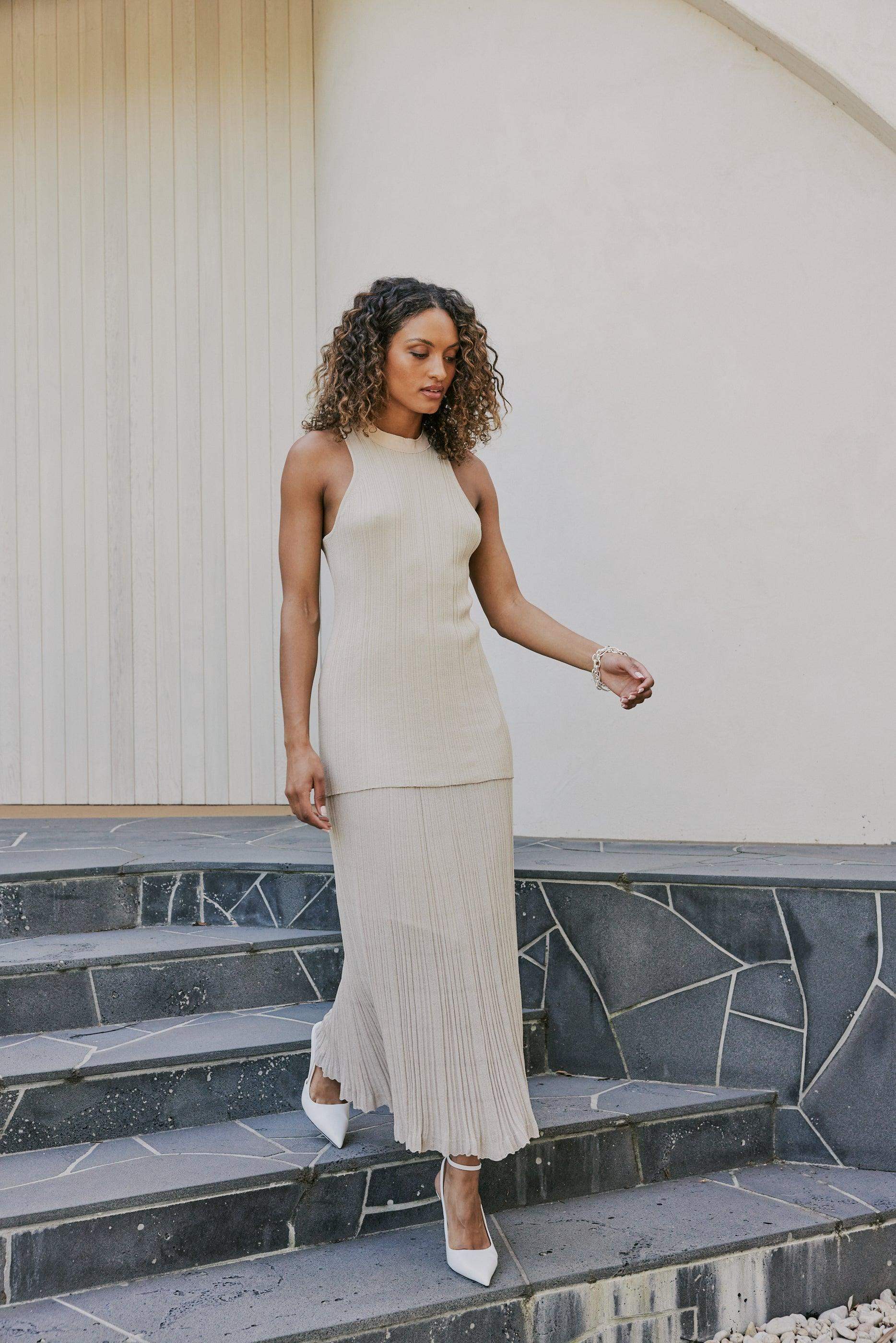 CURAAE Savannah Ribbed High Neck Sleeveless Knit Set In Beige - Image 3