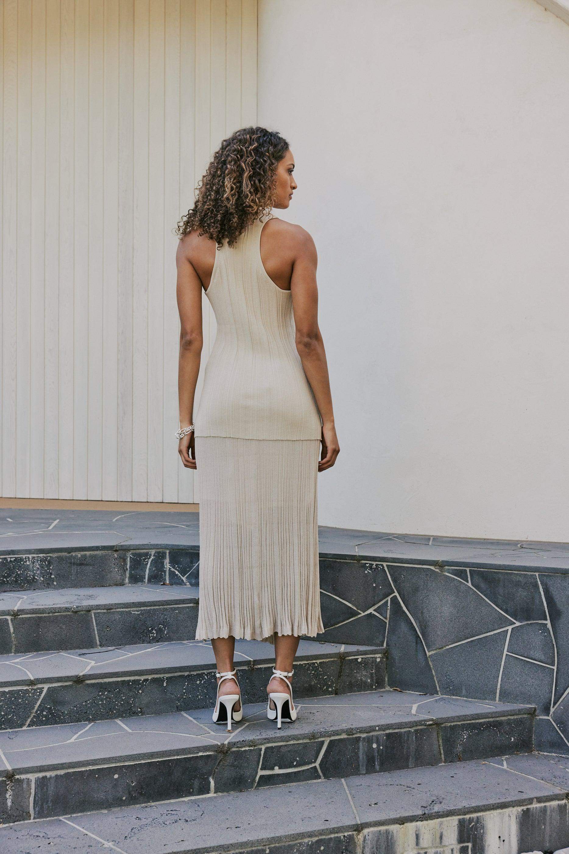 CURAAE Savannah Ribbed High Neck Sleeveless Knit Set In Beige - Image 4