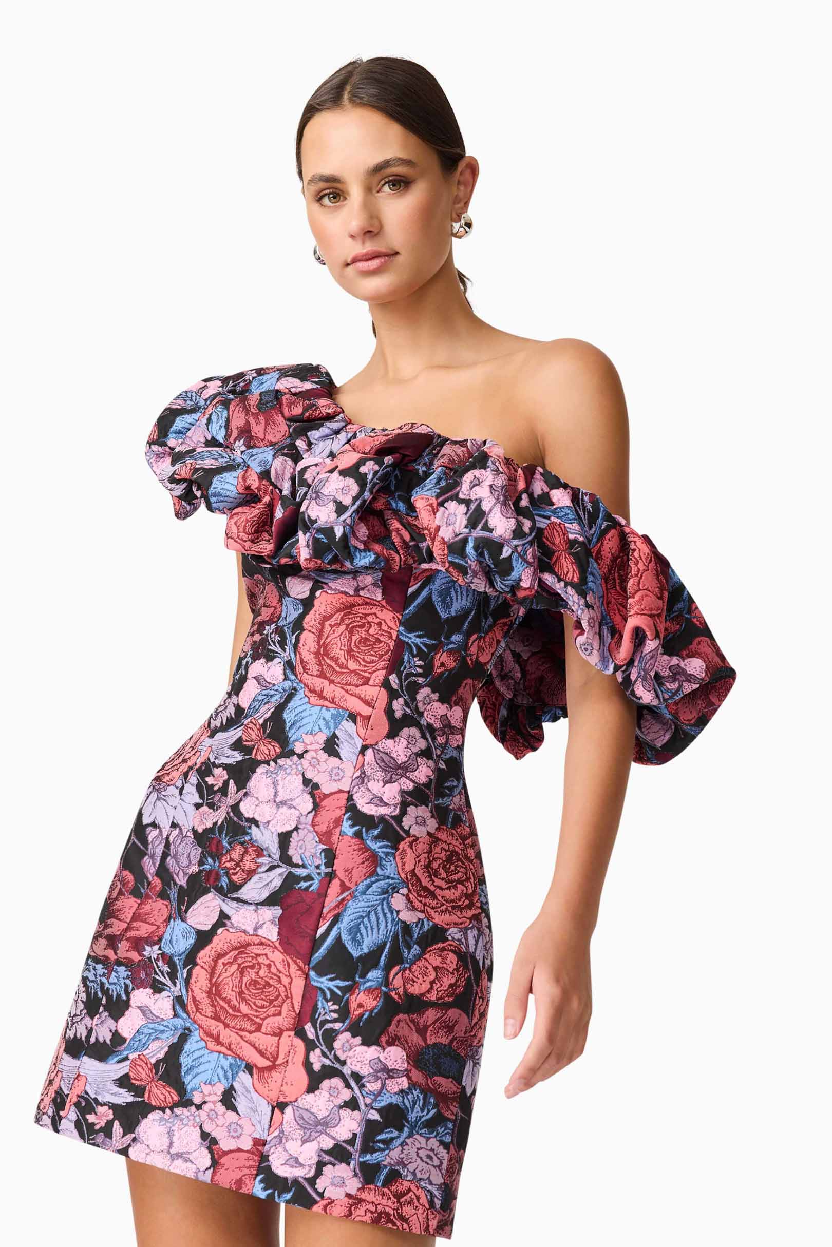 Delphine One Shoulder Mini Dress in Pink & Black Floral - Image 2