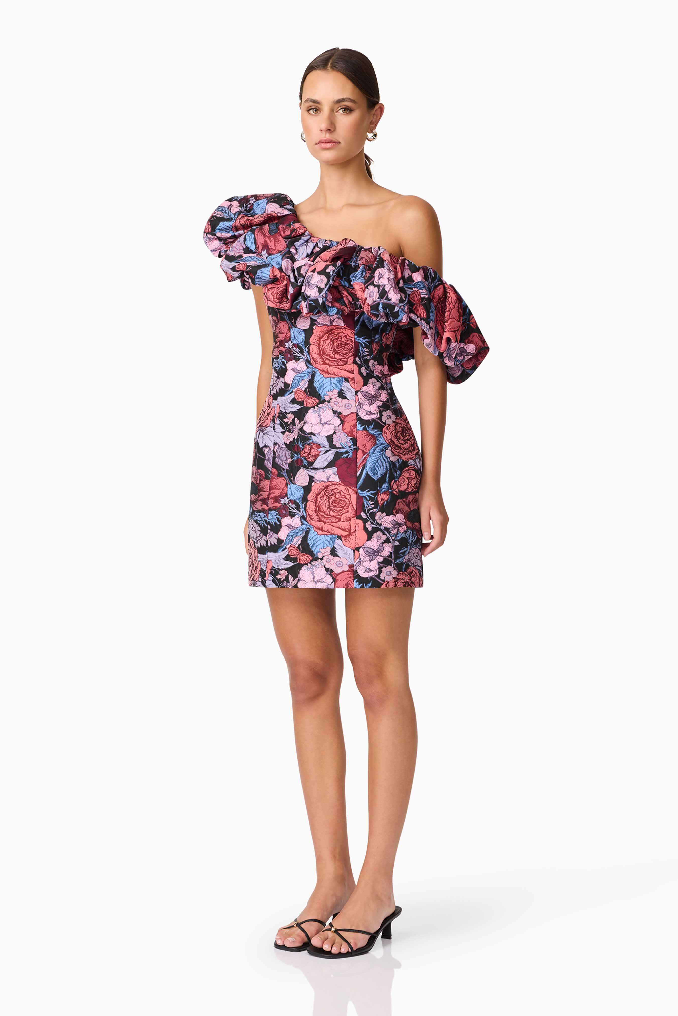 Delphine One Shoulder Mini Dress in Pink & Black Floral - Image 3