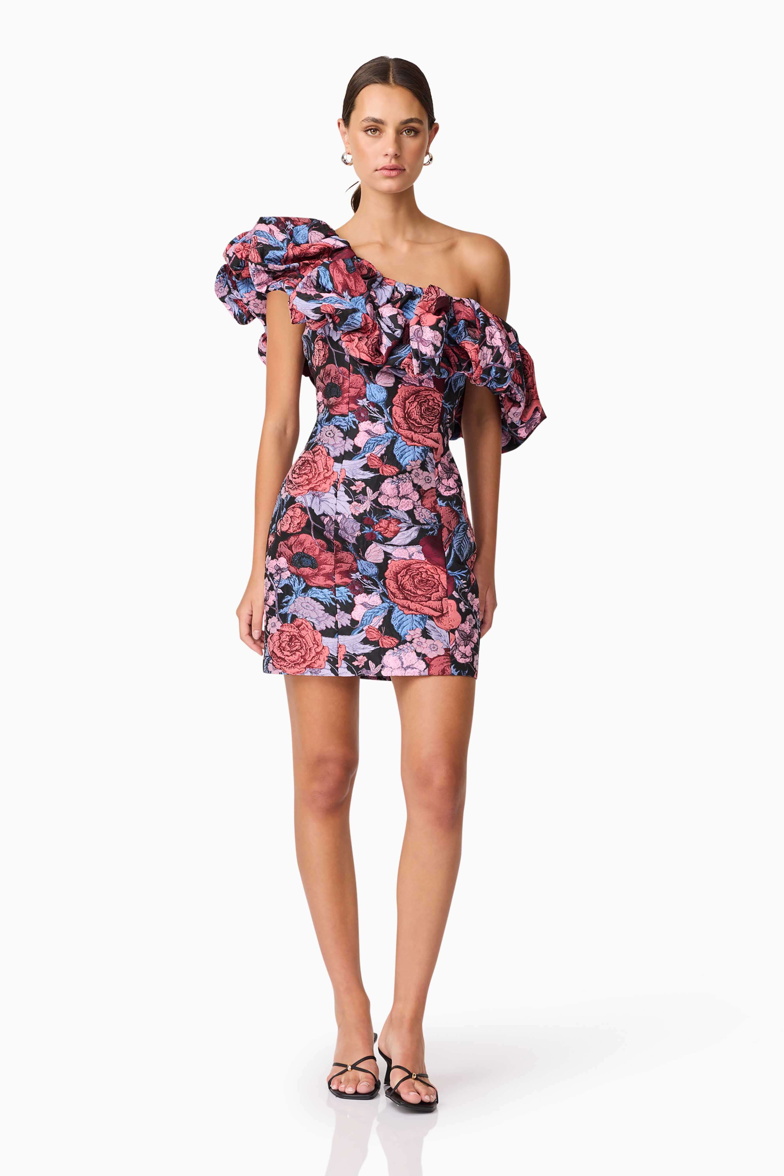 Delphine One Shoulder Mini Dress in Pink & Black Floral - Image 4